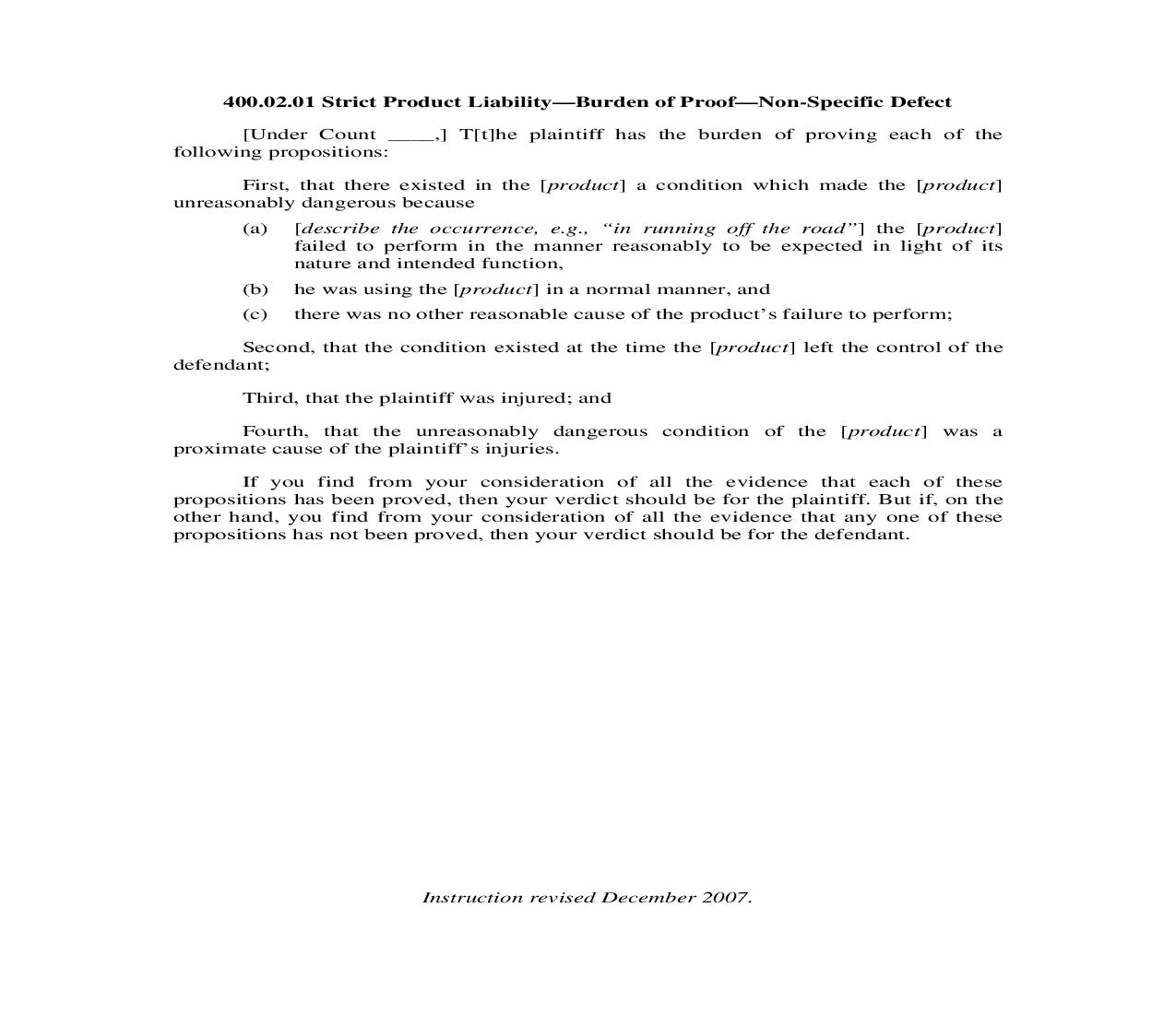 400.02.01. Strict Product Liability-Burden of Proof-Non-Specific Defect | Pdf Doc Docx | Illinois_JI
