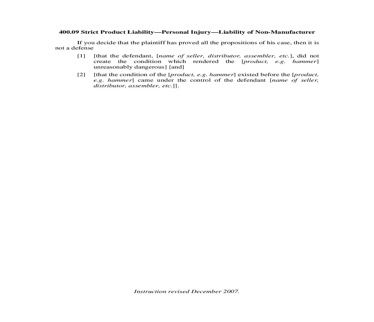 400.09. Strict Product Liability-Personal Injury-Liability of Non-Manufacturer | Pdf Doc Docx | Illinois_JI