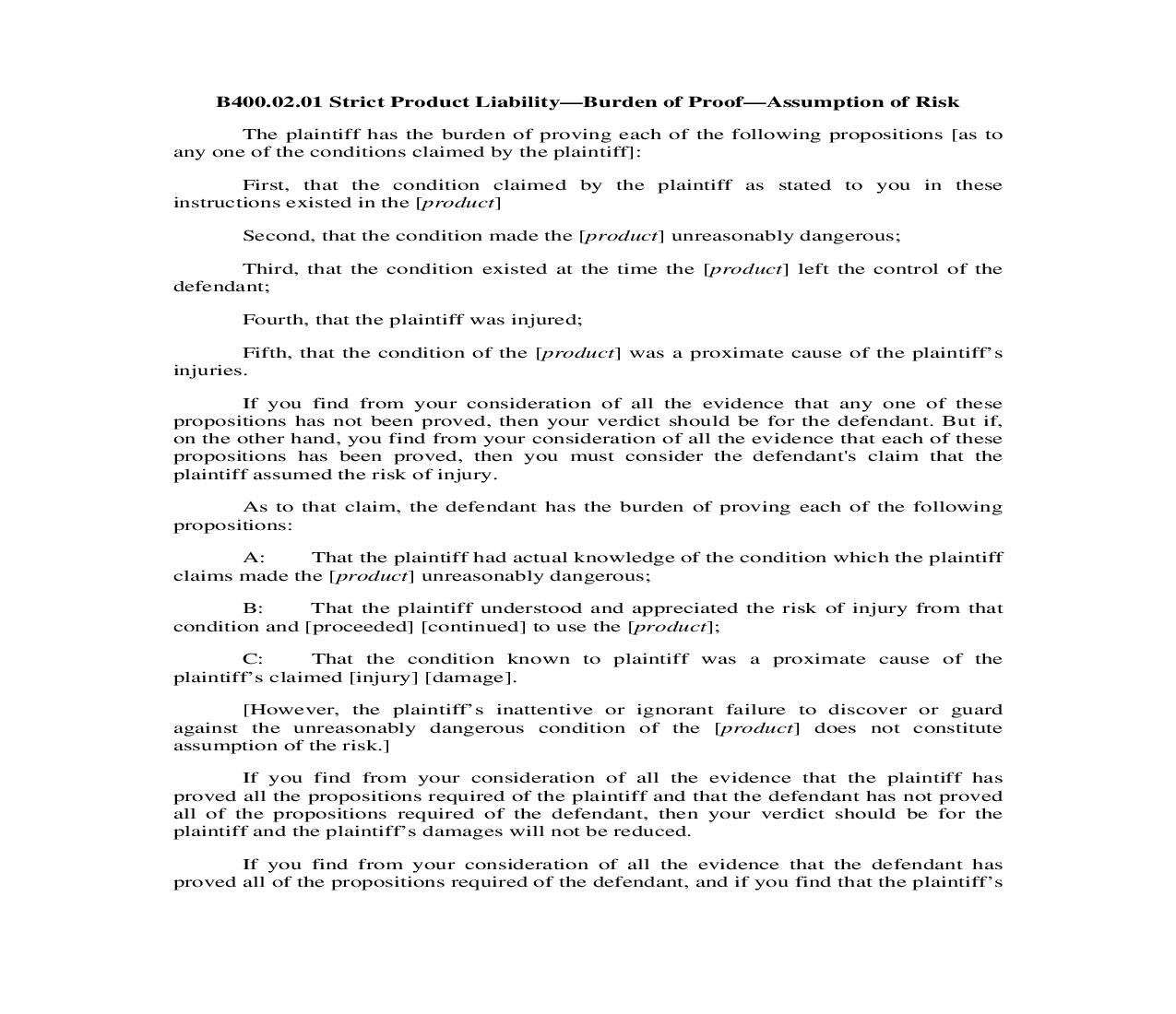 B400.02.01. Strict Product Liability-Burden of Proof-Assumption of Risk | Pdf Doc Docx | Illinois_JI