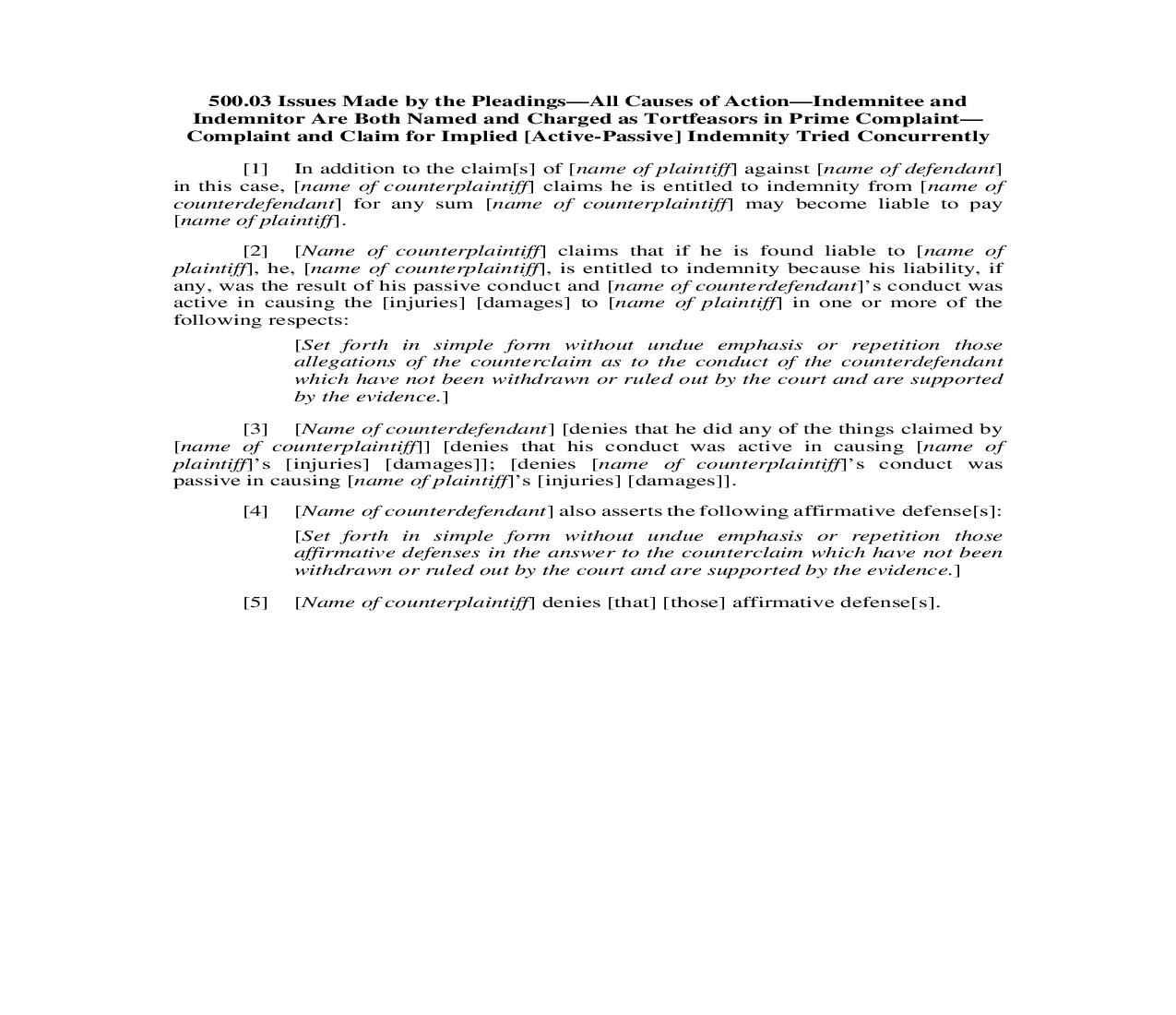 500.03. Issues Made by Pleadings-All Causes of Action-Indemnitee Indemnitor Tortfeasors-Implied Indemnity Tried Concurrently | Pdf Doc Docx | Illinois_JI
