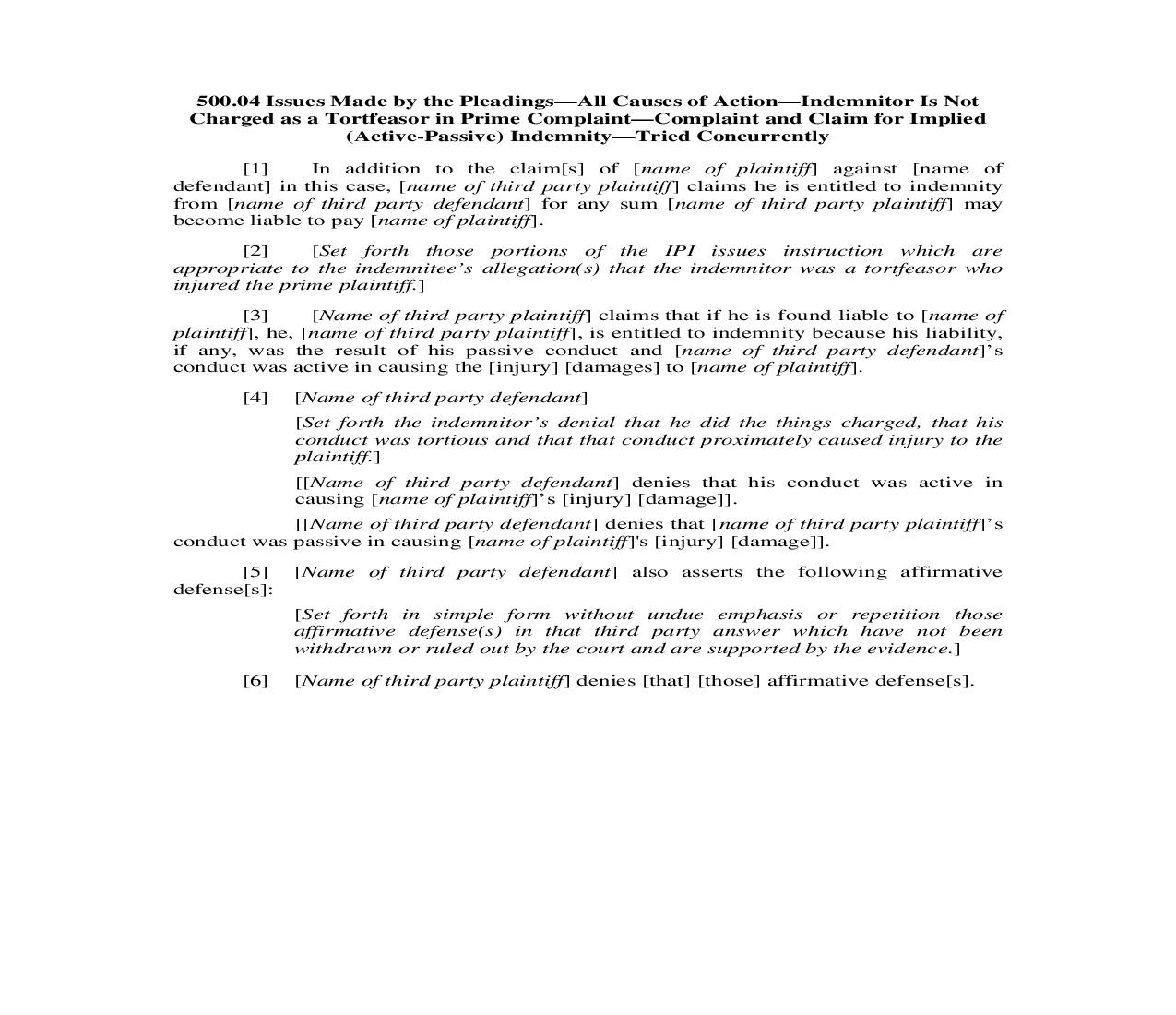 500.04. Issues Made by Pleadings-All Causes of Action-Indemnitor Not Complaint Tortfeasor-Implied Indemnity Tried Concurrently | Pdf Doc Docx | Illinois_JI