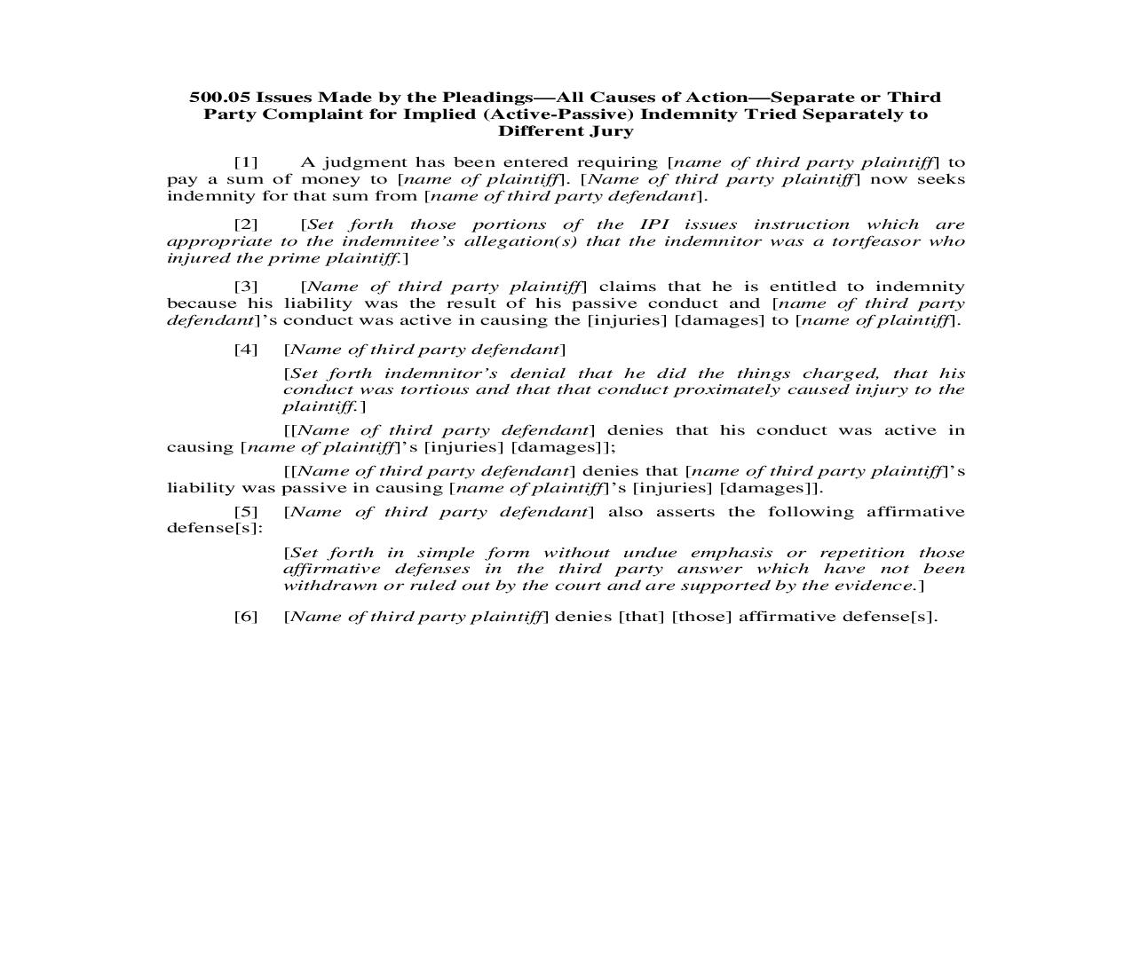 500.05. Issues Made by Pleadings-All Causes of Action-Separate or 3rd Party Implied Indemnity Tried Separately to Different Jury | Pdf Doc Docx | Illinois_JI