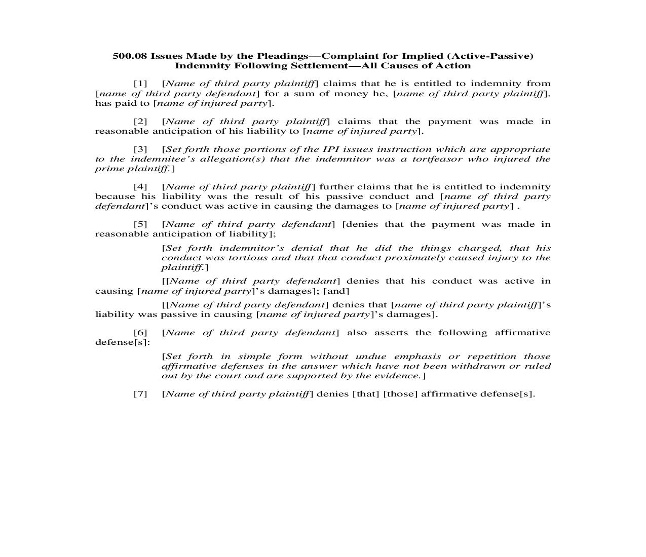 500.08. Issues Made by Pleadings-Complaint for Implied (Active-Passive) Indemnity Following Settlement-All Causes of Action | Pdf Doc Docx | Illinois_JI