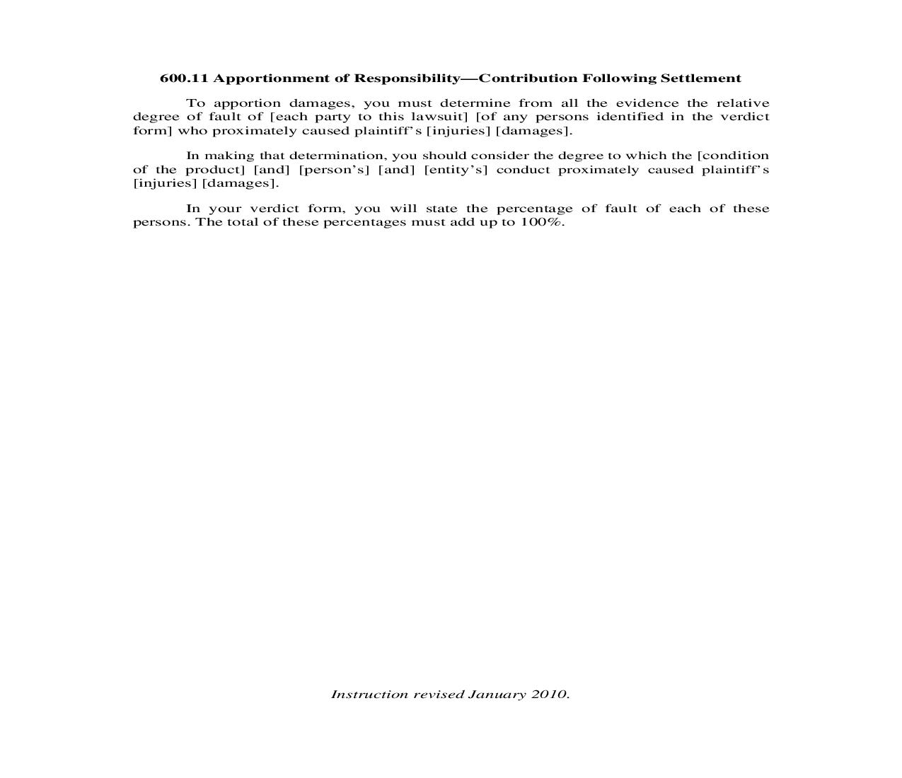 600.11. Apportionment of Responsibility-Contribution Following Settlement | Pdf Doc Docx | Illinois_JI