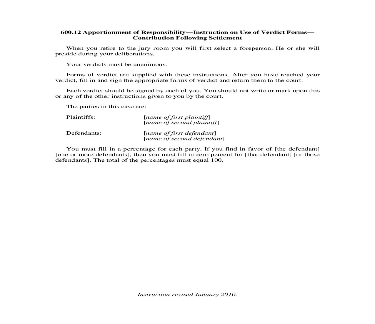 600.12. Apportionment of Responsibility-Instruction on Use of Verdict Form-Contribution Following Settlement | Pdf Doc Docx | Illinois_JI