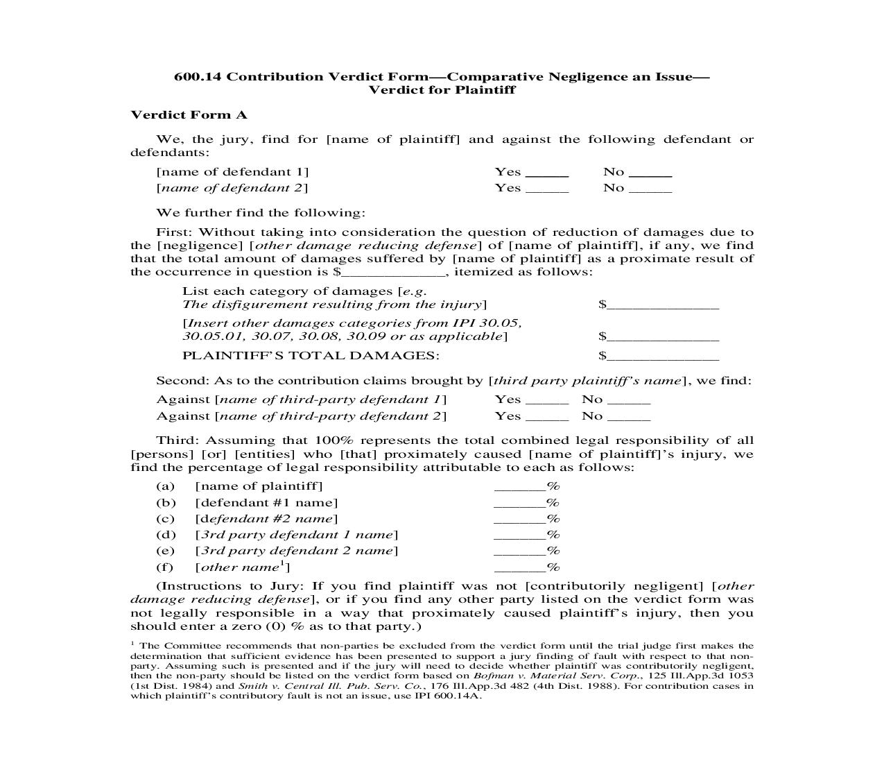 600.14. Contribution Verdict Form-Comparative Negligence an Issue-Verdict for Plaintiff | Pdf Doc Docx | Illinois_JI