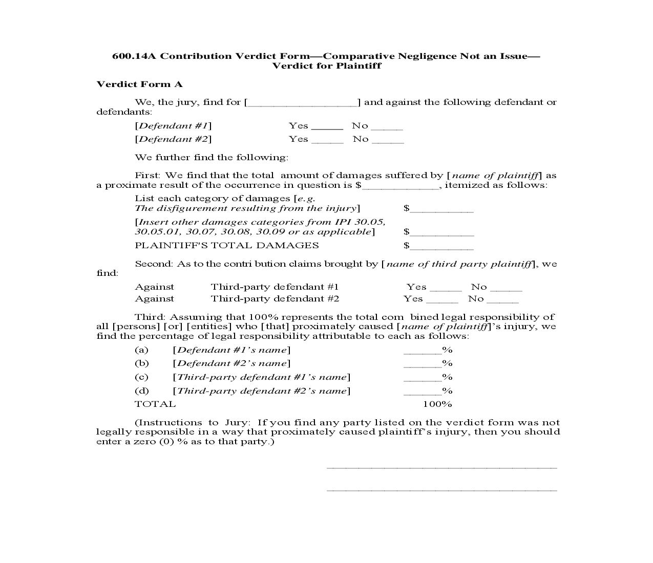 600.14A. Contribution Verdict Form-Comparative Negligence Not an Issue-Verdict for Plaintiff | Pdf Doc Docx | Illinois_JI