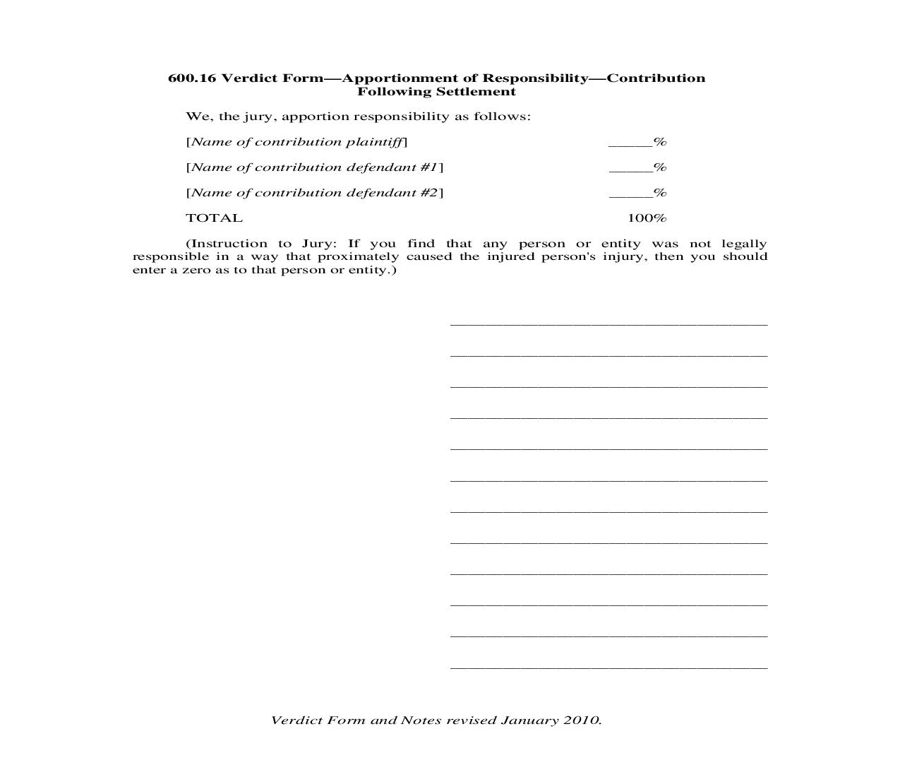 600.16. Verdict Form-Apportionment of Responsibility-Contribution Following Settlement | Pdf Doc Docx | Illinois_JI