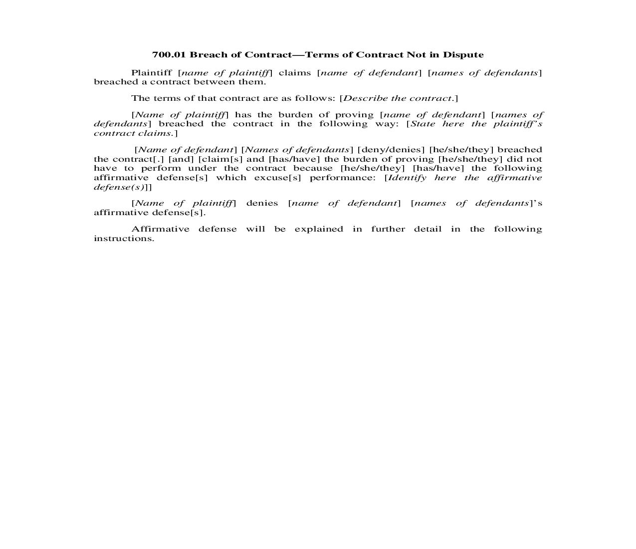 700.01. Breach of Contract-Terms of Contract Not in Dispute | Pdf Doc Docx | Illinois_JI