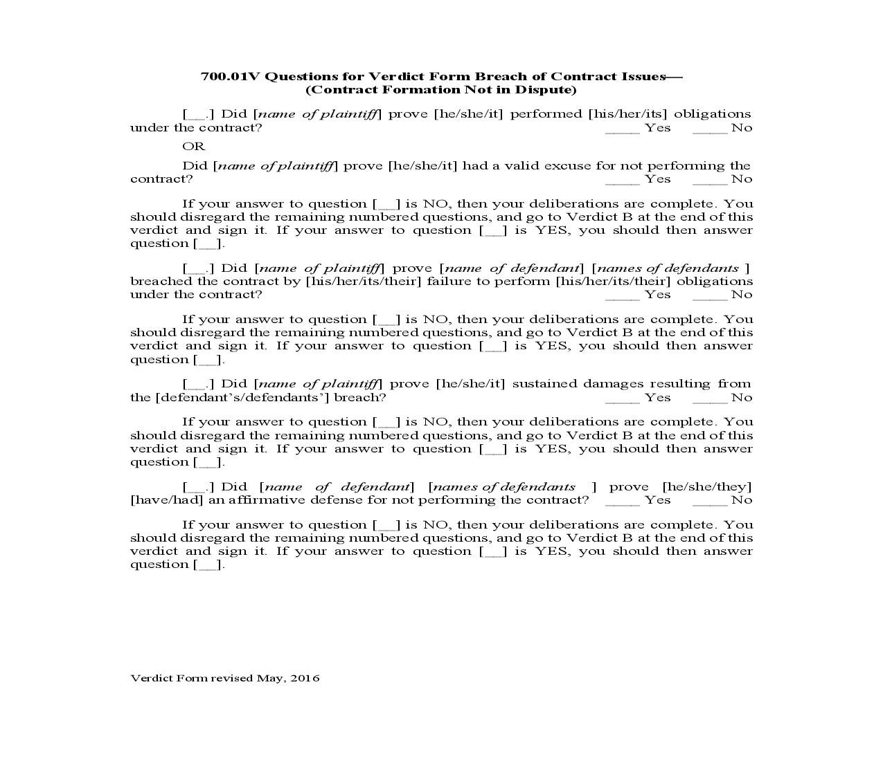 700.01V. Questions for Verdict Form Breach of Contract Issues-Contract Formation Not in Dispute | Pdf Doc Docx | Illinois_JI