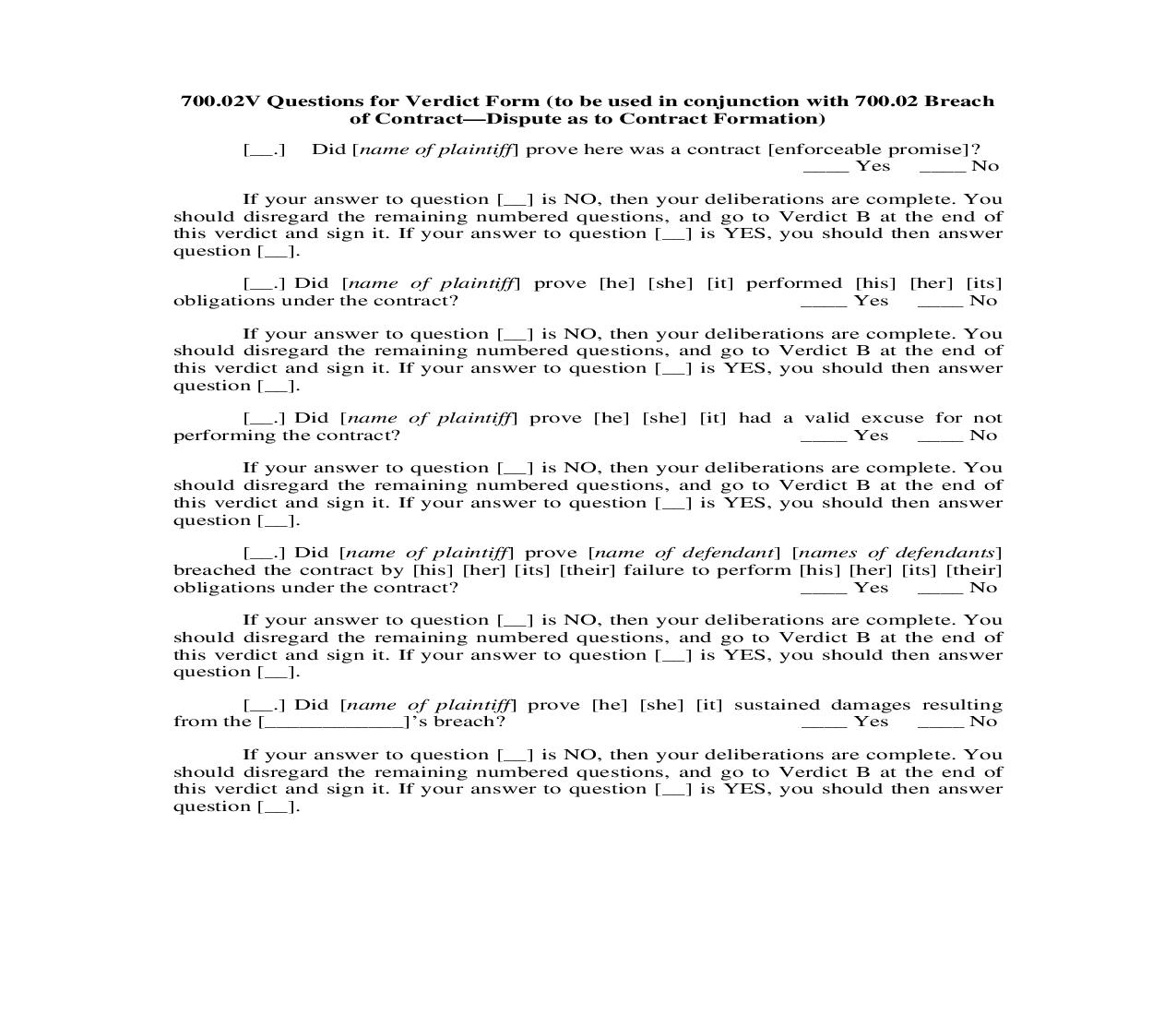 700.02V. Questions for Verdict Form Breach of Contract-Dispute as to Contract Formation | Pdf Doc Docx | Illinois_JI