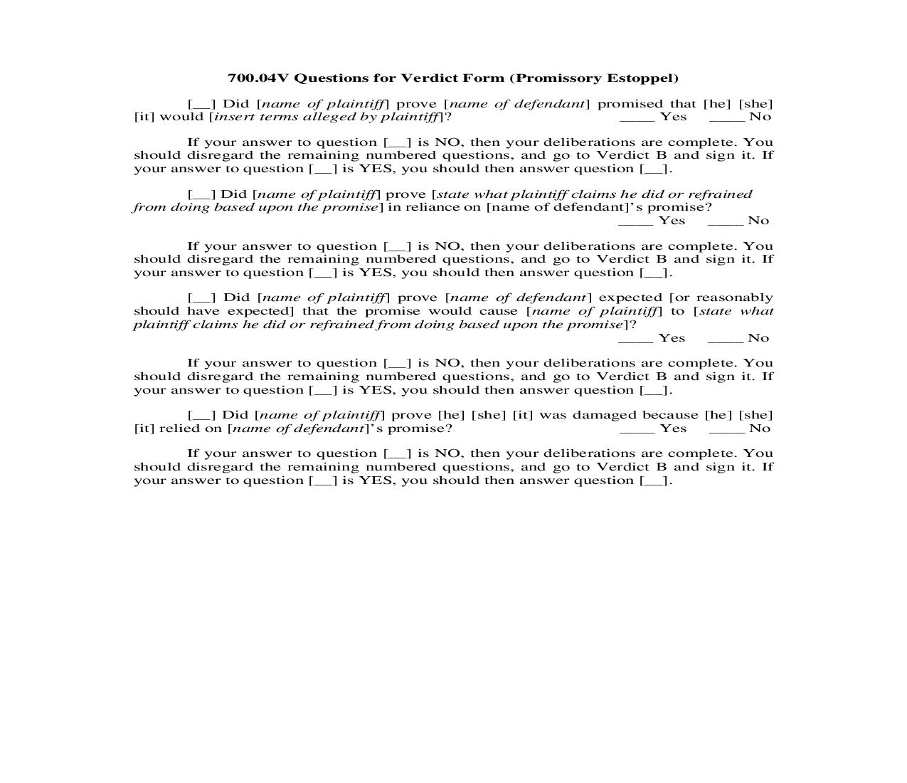 700.04V. Questions for Verdict Form (Promissory Estoppel) | Pdf Doc Docx | Illinois_JI