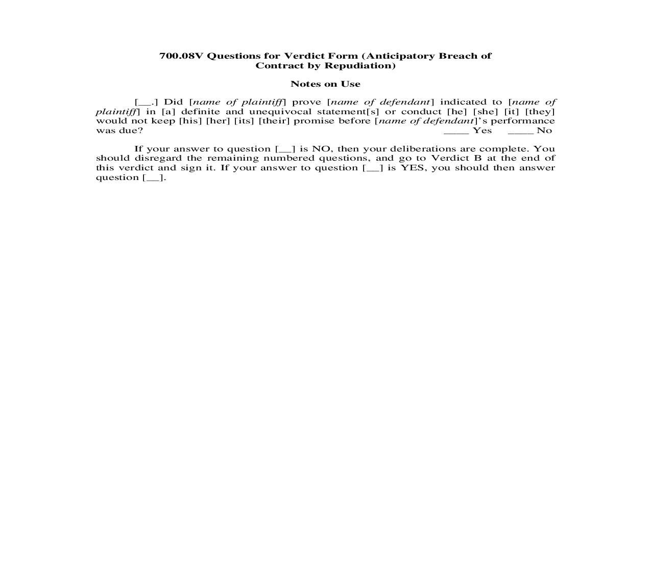 700.08V. Questions for Verdict Form (Anticipatory Breach of Contract by Repudiation) | Pdf Doc Docx | Illinois_JI