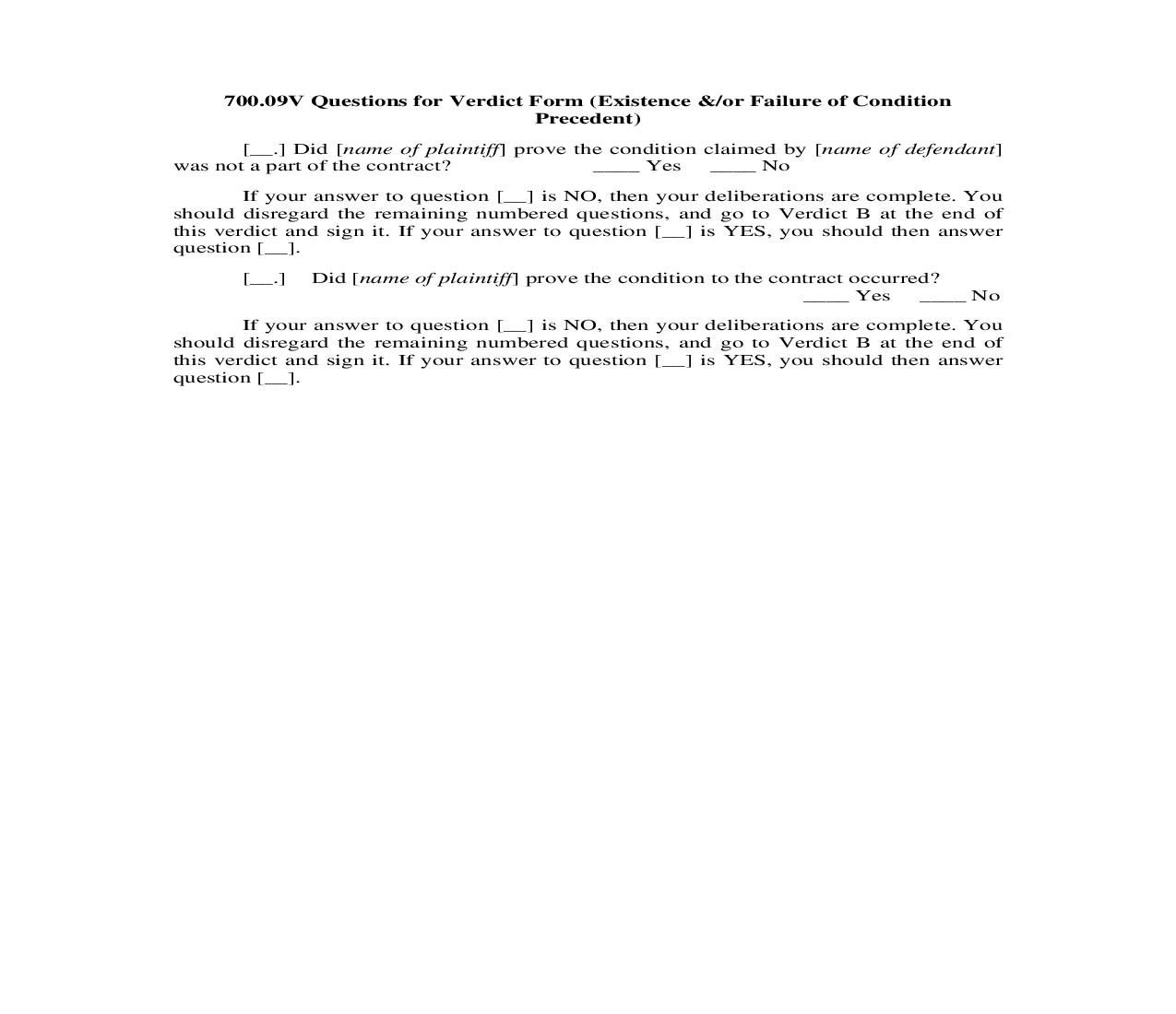 700.09V. Questions for Verdict Form (Existence and or Failure of Condition Precedent) | Pdf Doc Docx | Illinois_JI
