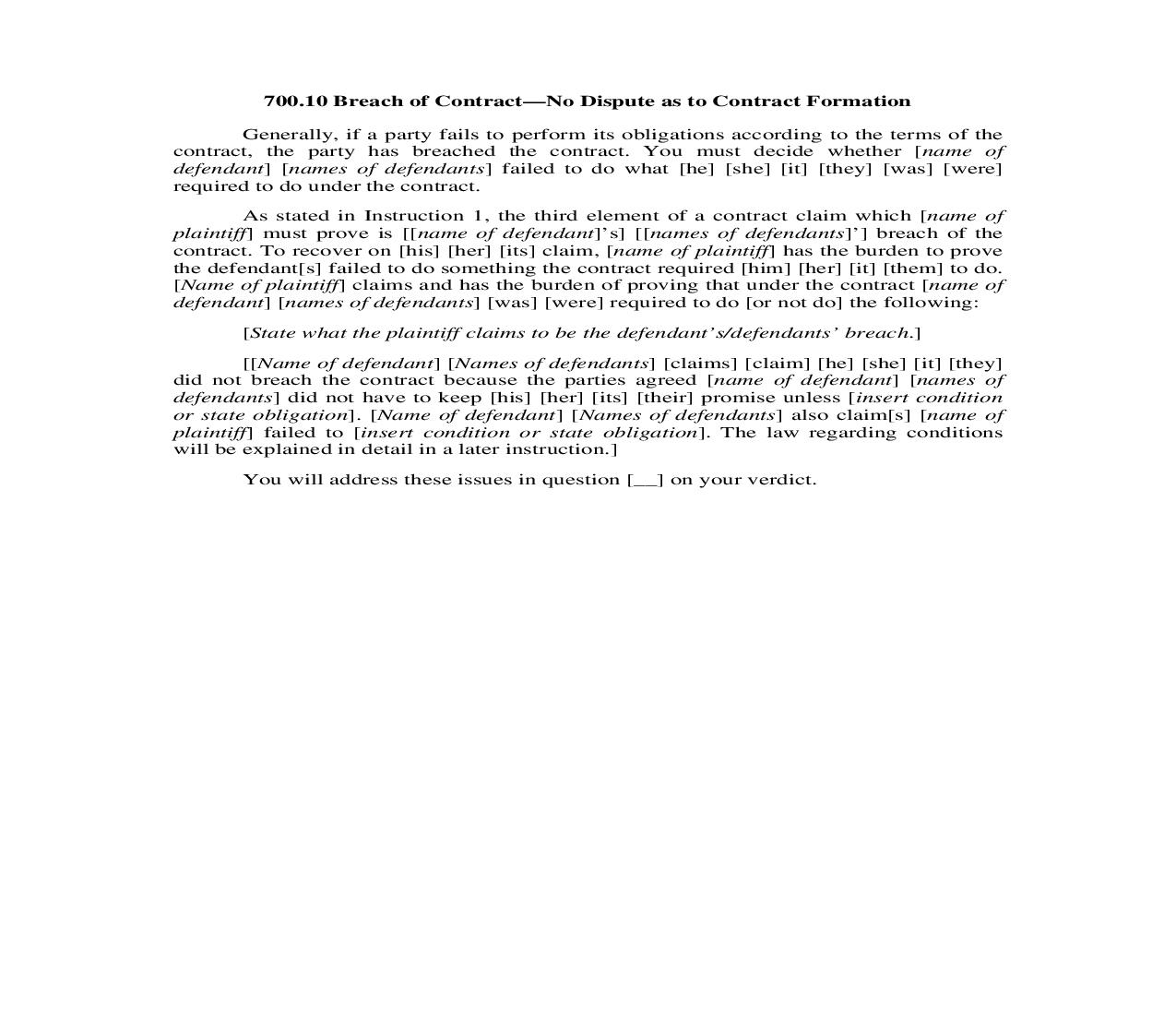 700.10. Breach of Contract-No Dispute as to Contract Formation | Pdf Doc Docx | Illinois_JI