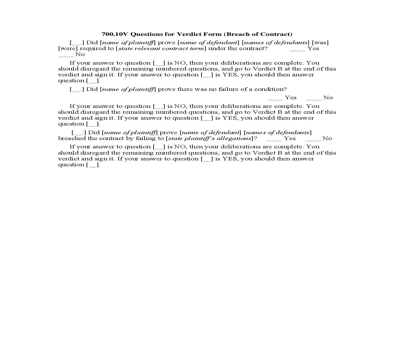 700.10V. Questions for Verdict Form (Breach of Contract) | Pdf Doc Docx | Illinois_JI