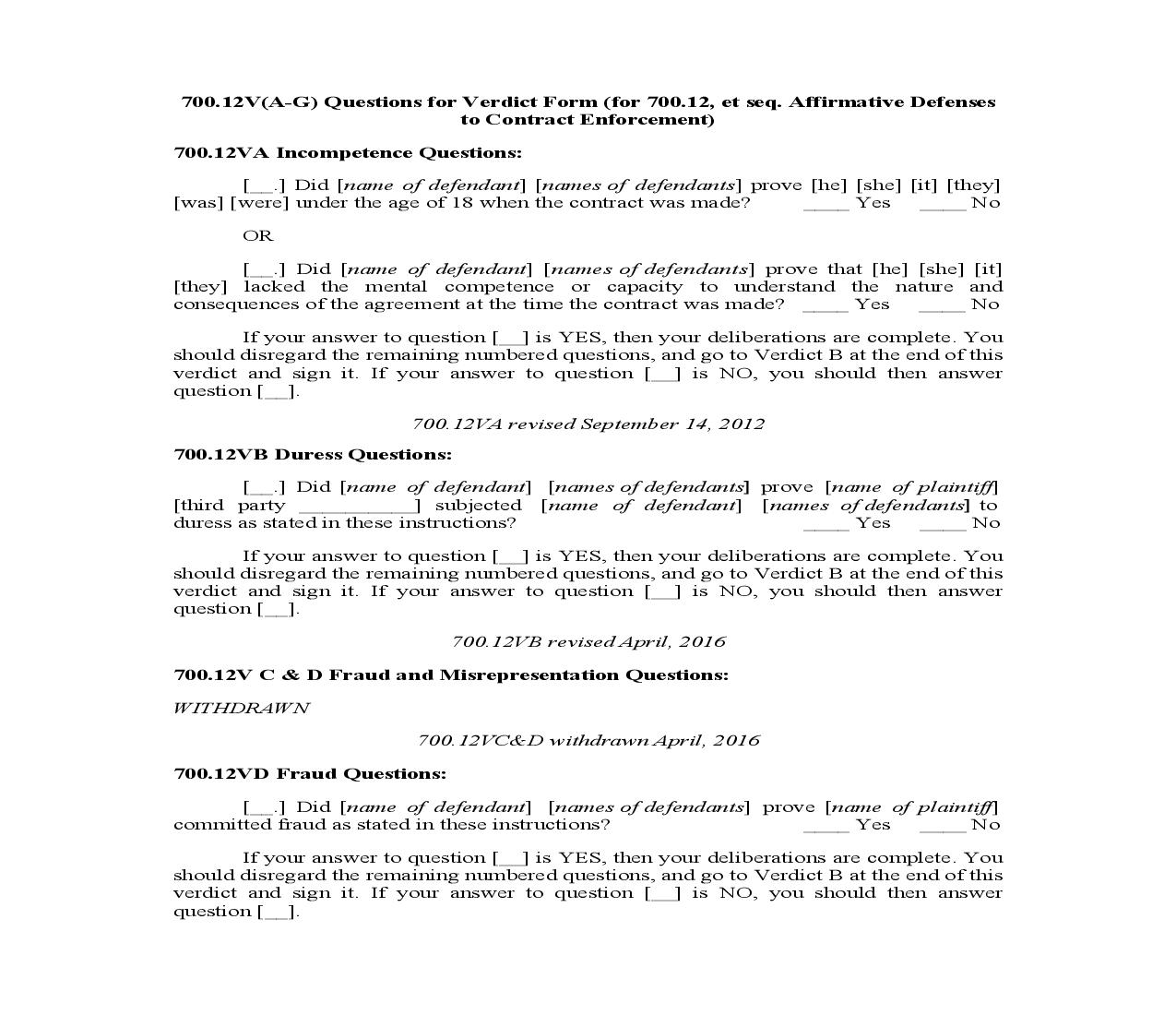 700.12V(A-G). Questions for Verdict Form (for 700.12 et seq. Affirmative Defenses to Contract Enforcement) | Pdf Doc Docx | Illinois_JI