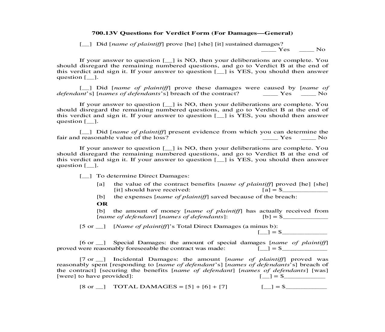 700.13V. Questions for Verdict Form (For Damages-General) | Pdf Doc Docx | Illinois_JI