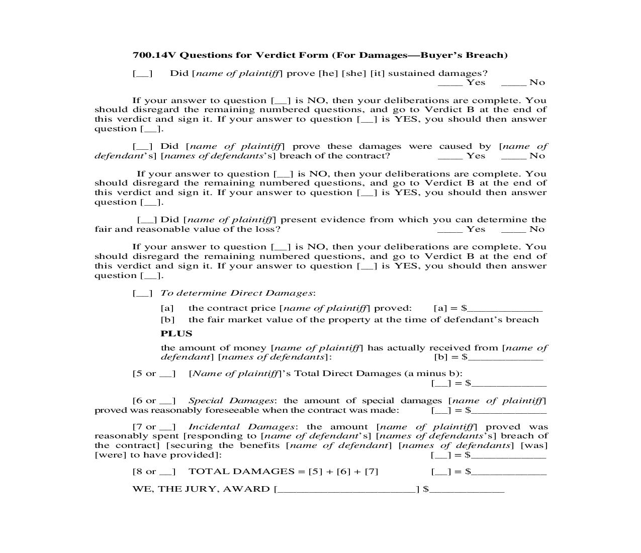 700.14V. Questions for Verdict Form (For Damages-Buyers Breach) | Pdf Doc Docx | Illinois_JI