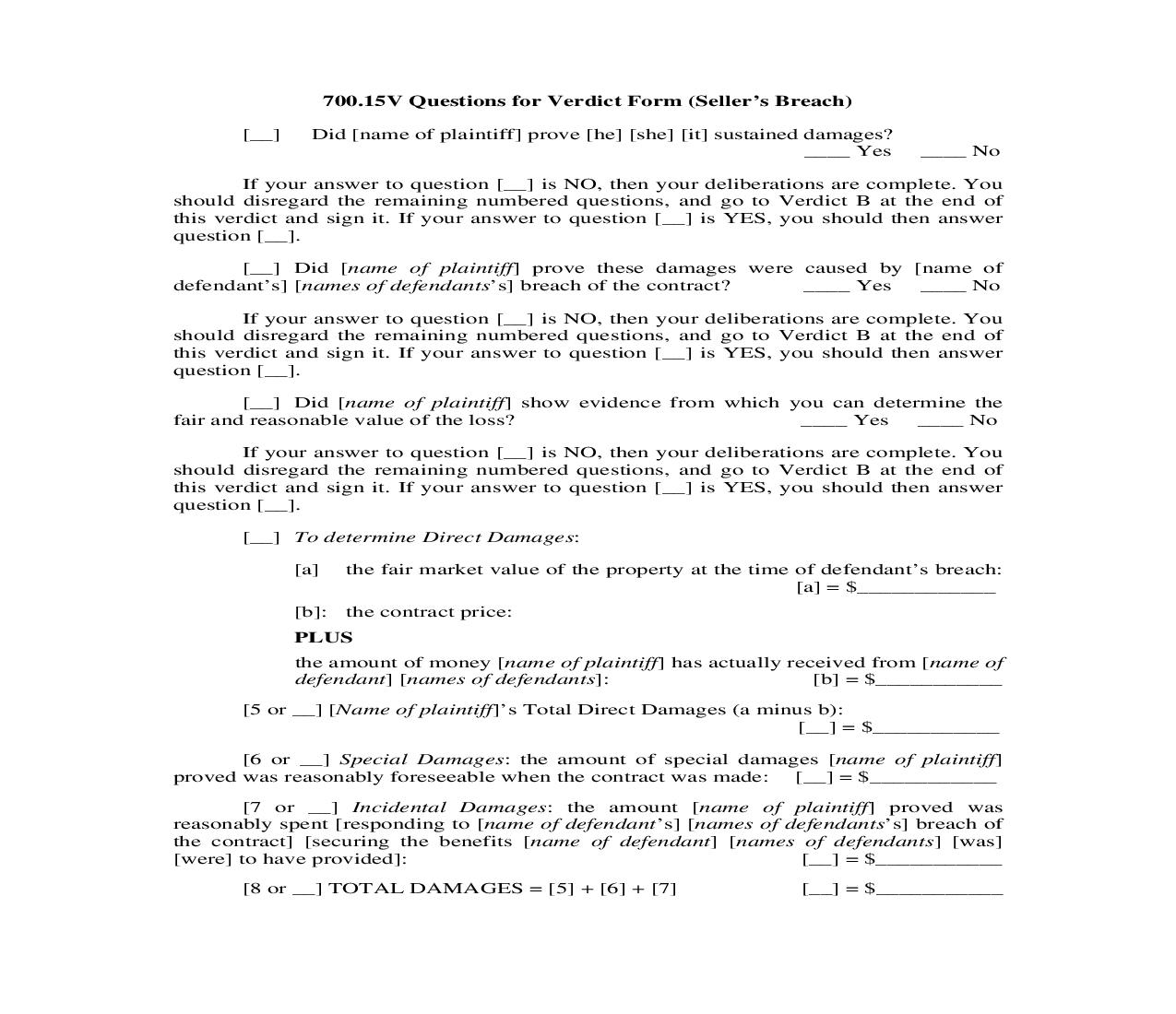 700.15V. Questions for Verdict Form (Sellers Breach) | Pdf Doc Docx | Illinois_JI