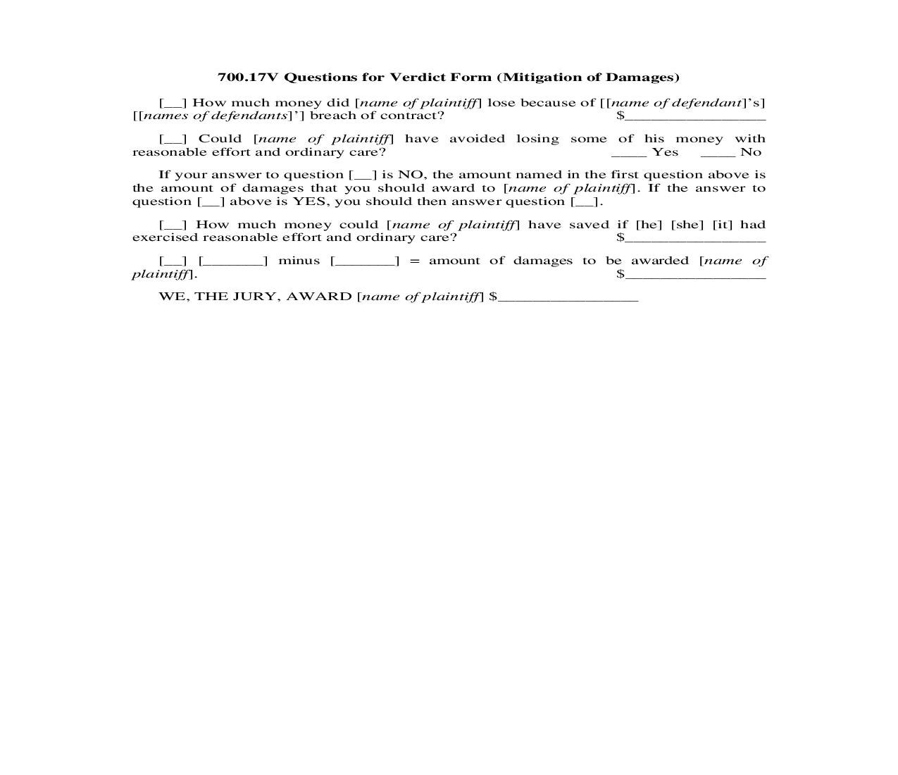 700.17V. Questions for Verdict Form (Mitigation of Damages) | Pdf Doc Docx | Illinois_JI