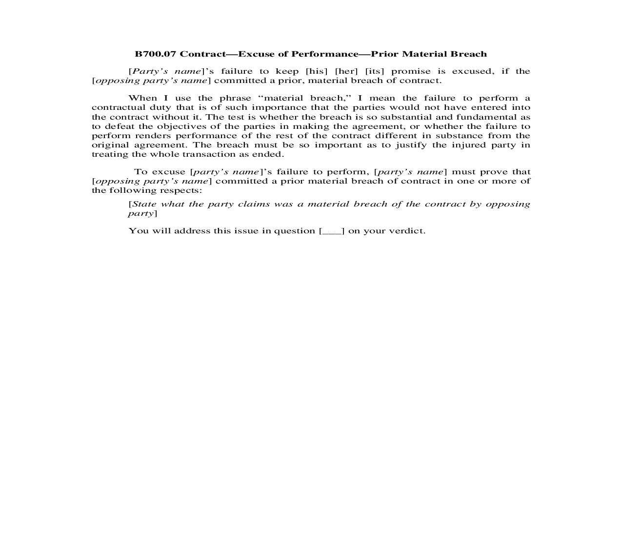 B700.07. Contract-Excuse of Performance-Prior Material Breach | Pdf Doc Docx | Illinois_JI
