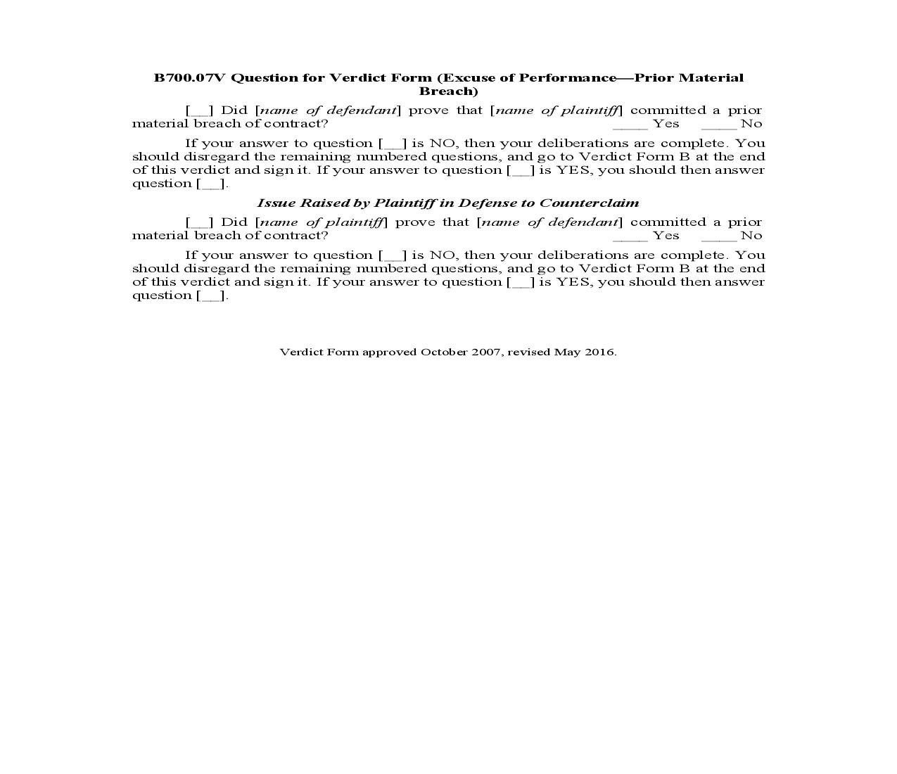 B700.07V. Question for Verdict Form (Excuse of Performance-Prior Material Breach) | Pdf Doc Docx | Illinois_JI