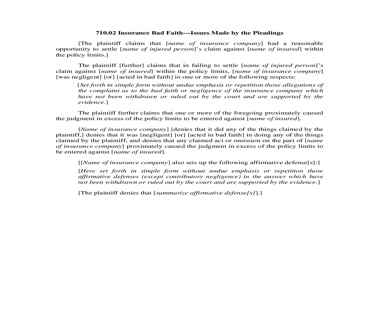 710.02. Insurance Bad Faith-Issues Made by the Pleadings | Pdf Doc Docx | Illinois_JI