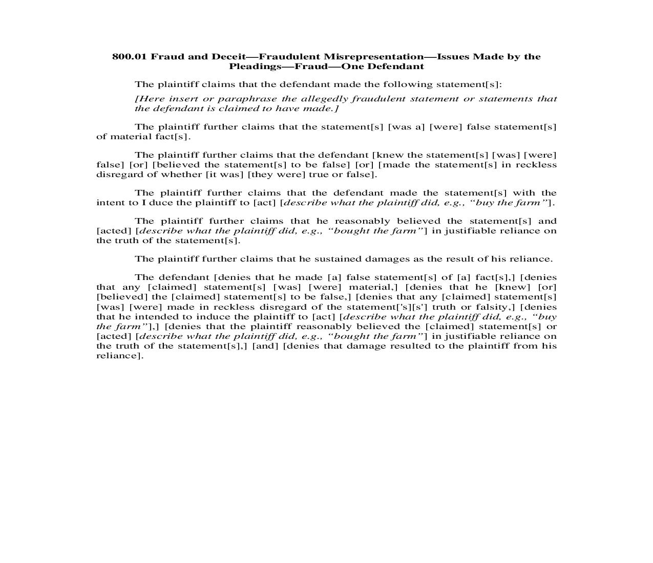 800.01. Fraud and Deceit-Fraudulent Misrepresentation-Issues Made by the Pleadings-Fraud-One Defendant | Pdf Doc Docx | Illinois_JI