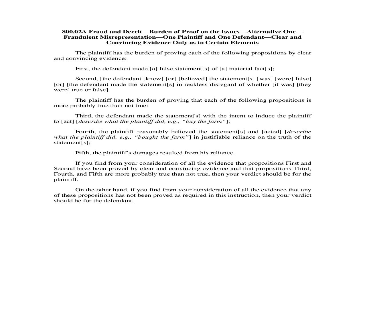 800.02A. Fraud and Deceit-Burden of Proof on Issues-Alt. 1-Fraudlnt Misrep.-1 Pltf 1 Deft-Clear Convincing Evid. Cert. Els. Only | Pdf Doc Docx | Illinois_JI