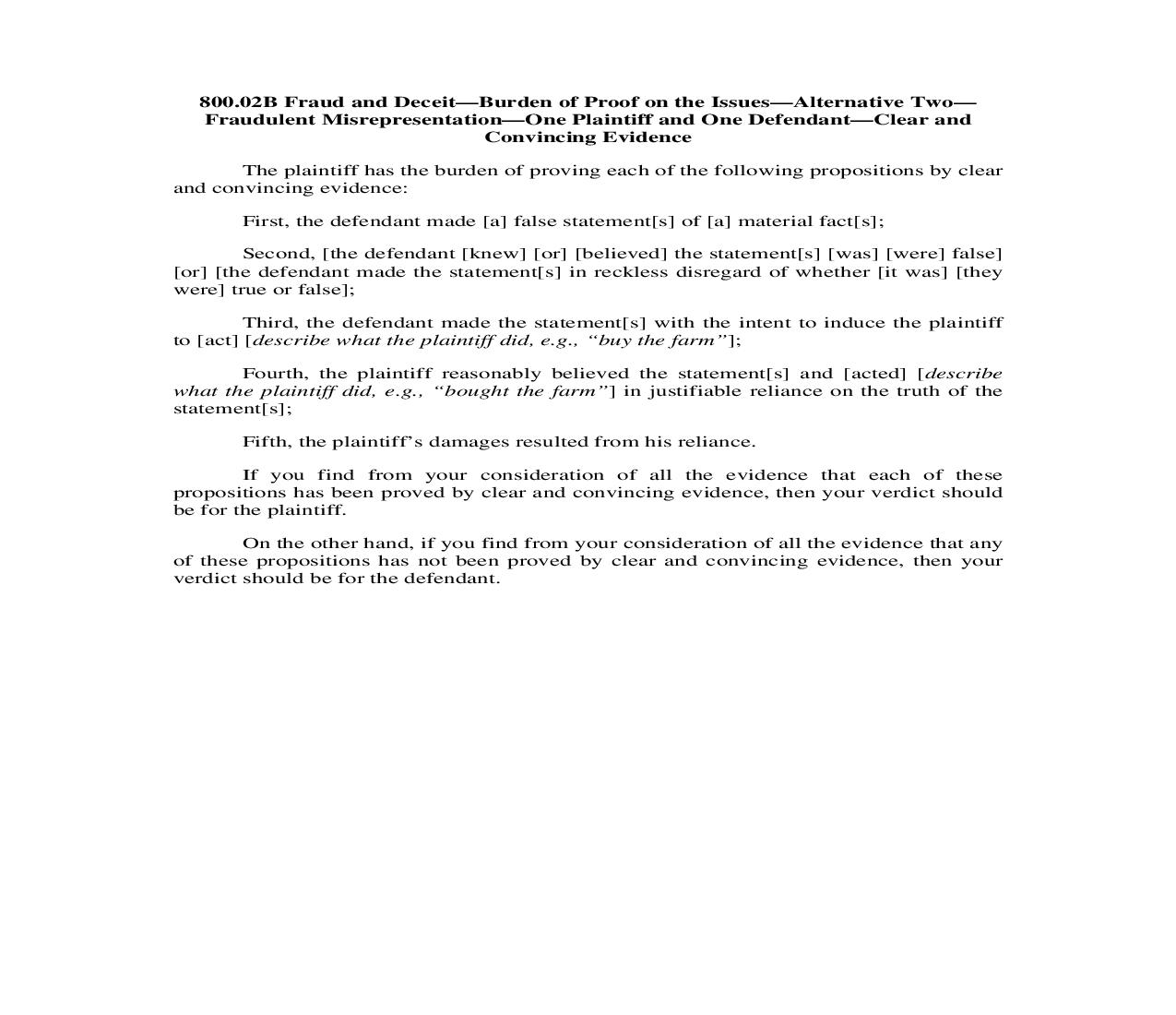 800.02B. Fraud and Deceit-Burden of Proof on Issues-Alt 2-Fraudulent Misrepresentation-1 Pltf 1 Deft-Clear Convincing Evidence | Pdf Doc Docx | Illinois_JI