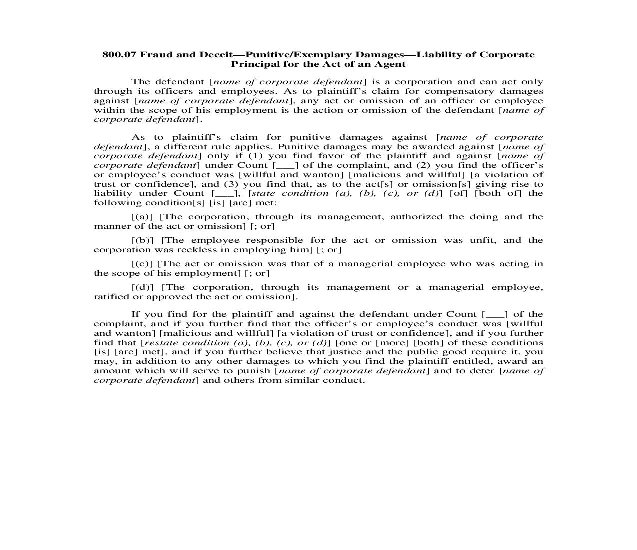 800.07. Fraud and Deceit-Punitive Exemplary Damages-Liability of Corporate Principal for the Act of an Agent | Pdf Doc Docx | Illinois_JI