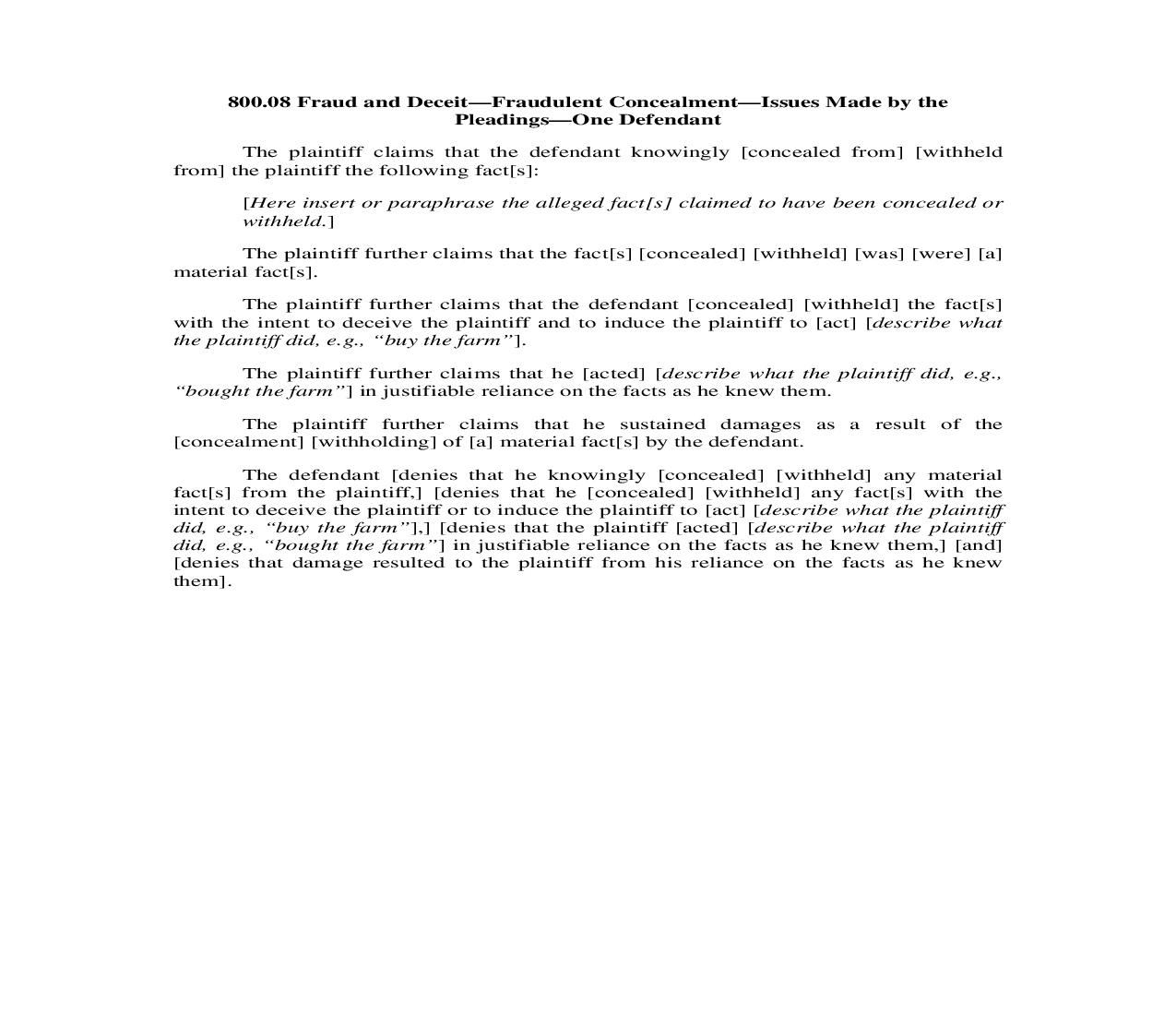 800.08. Fraud and Deceit-Fraudulent Concealment-Issues Made by the Pleadings-One Defendant | Pdf Doc Docx | Illinois_JI