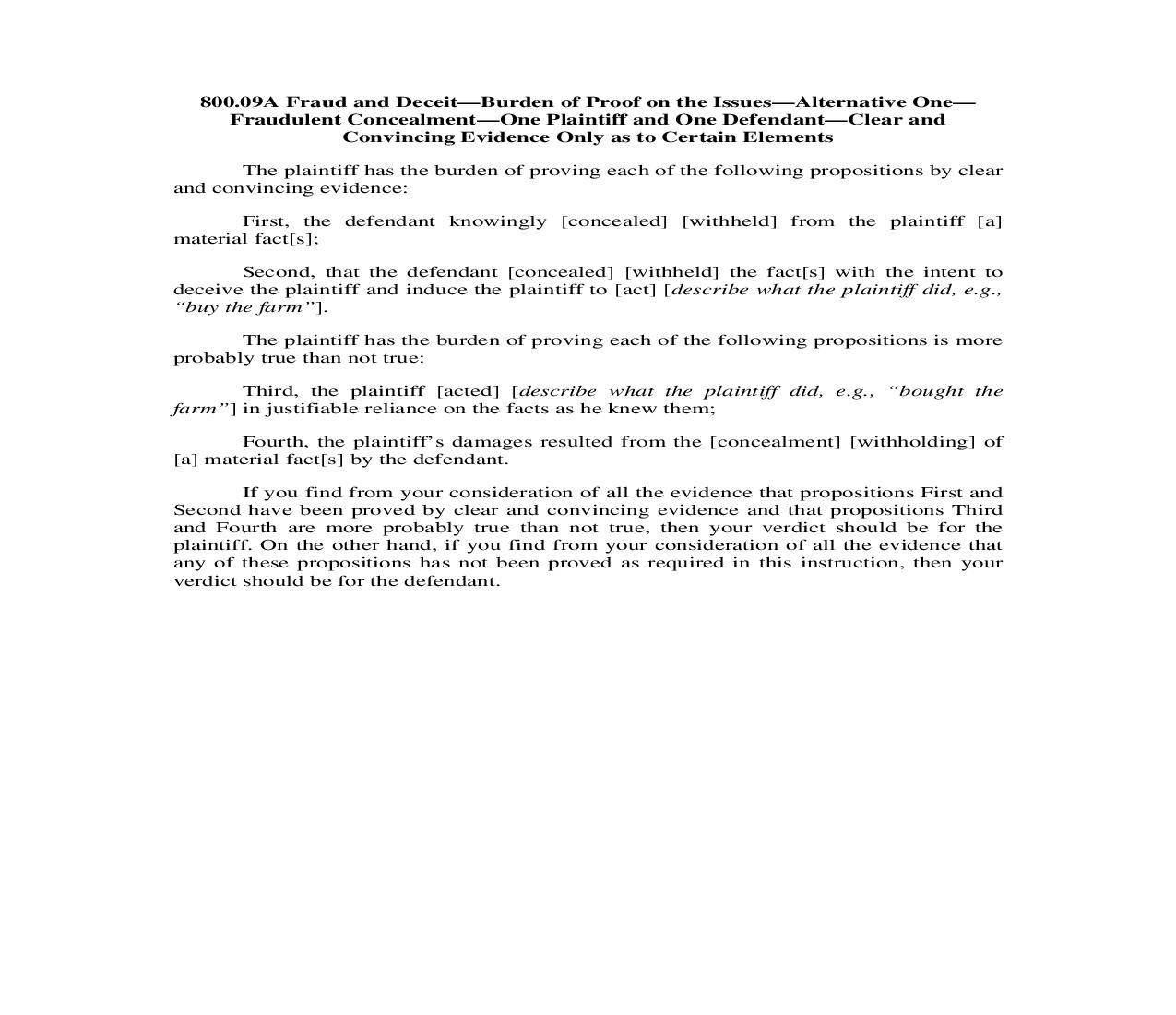 800.09A. Fraud and Deceit-Burden of Proof on Issues-Alt.1-Fraudlnt Concealmt-1 Pltf 1 Deft-Clear Conv. Evid. Certain Els. Only | Pdf Doc Docx | Illinois_JI