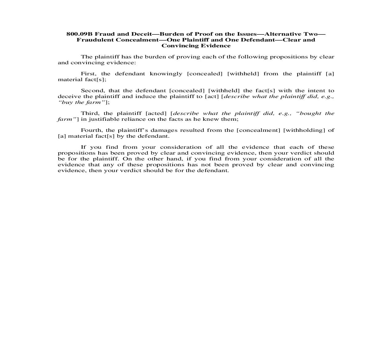 800.09B. Fraud and Deceit-Burden of Proof on Issues-Alt. 2-Fraudulent Concealmt-1 Pltf 1 Deft-Clear-Convincing Evidence | Pdf Doc Docx | Illinois_JI