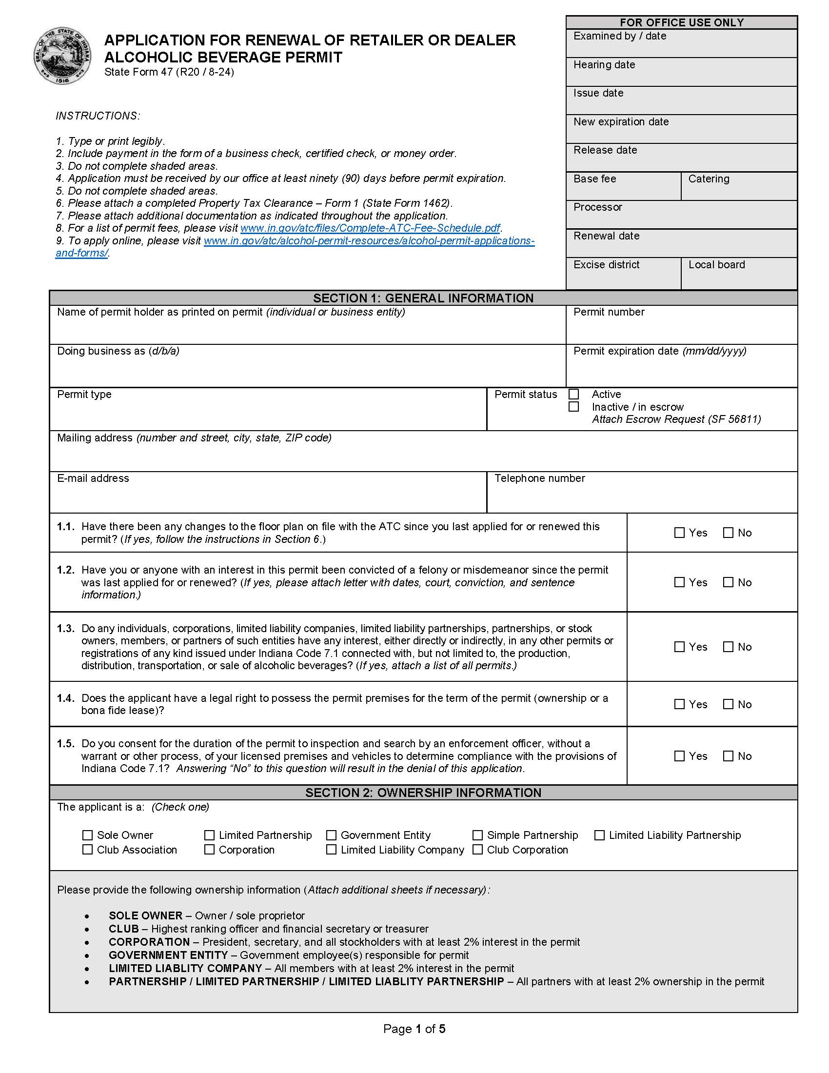 Application For Renewal Of Alcoholic Beverage Permit {47} | Pdf Fpdf Doc Docx | Indiana