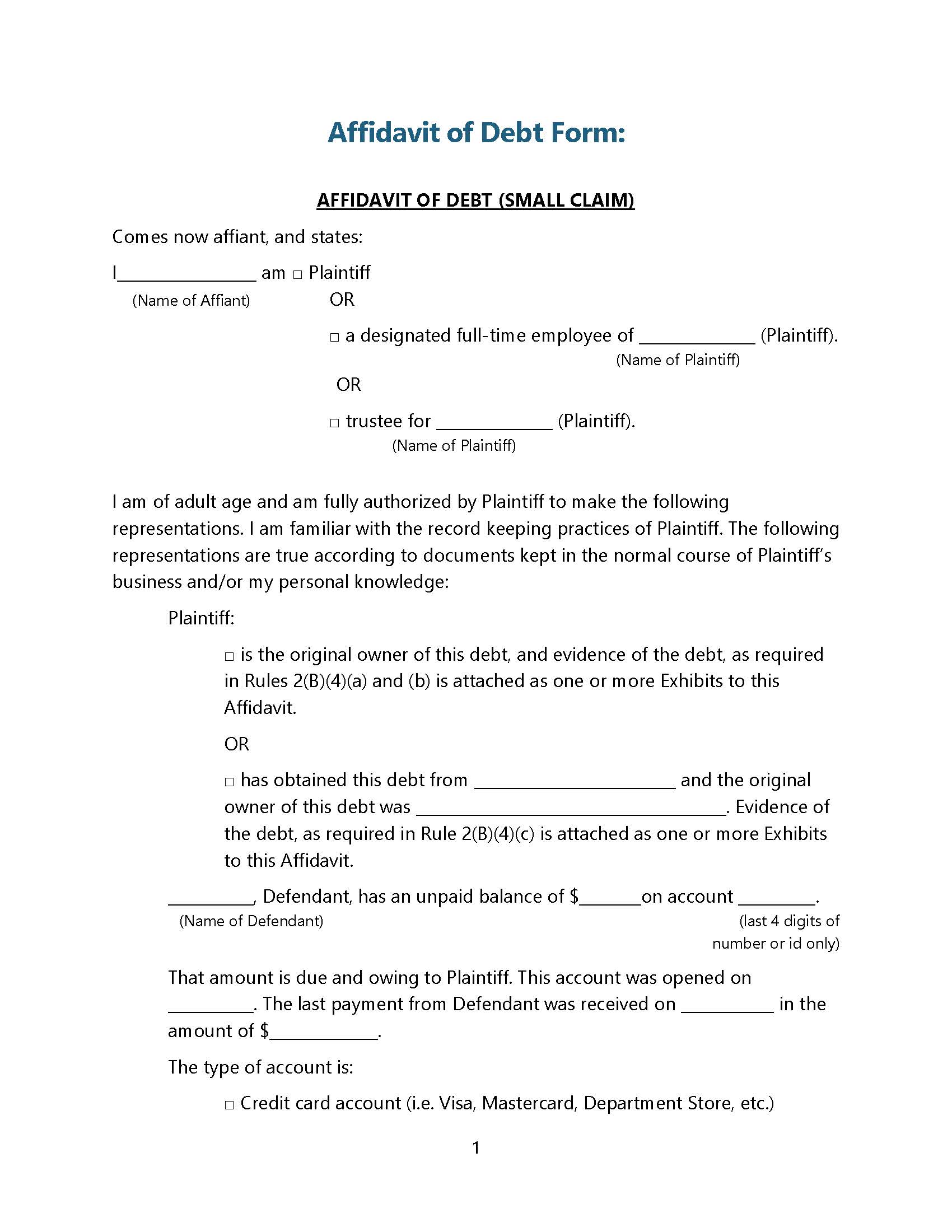 Affidavit Of Debt (Small Claim) | Pdf Fpdf Doc Docx | Indiana