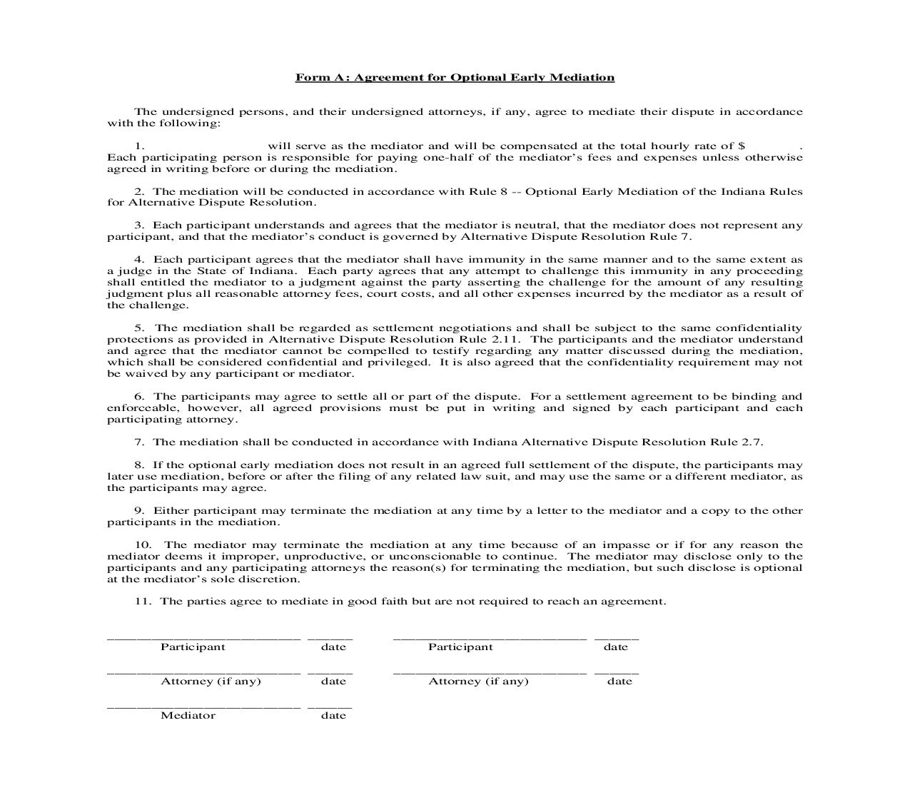 Agreement For Optional Early Mediation {A} | Pdf Fpdf Doc Docx | Indiana