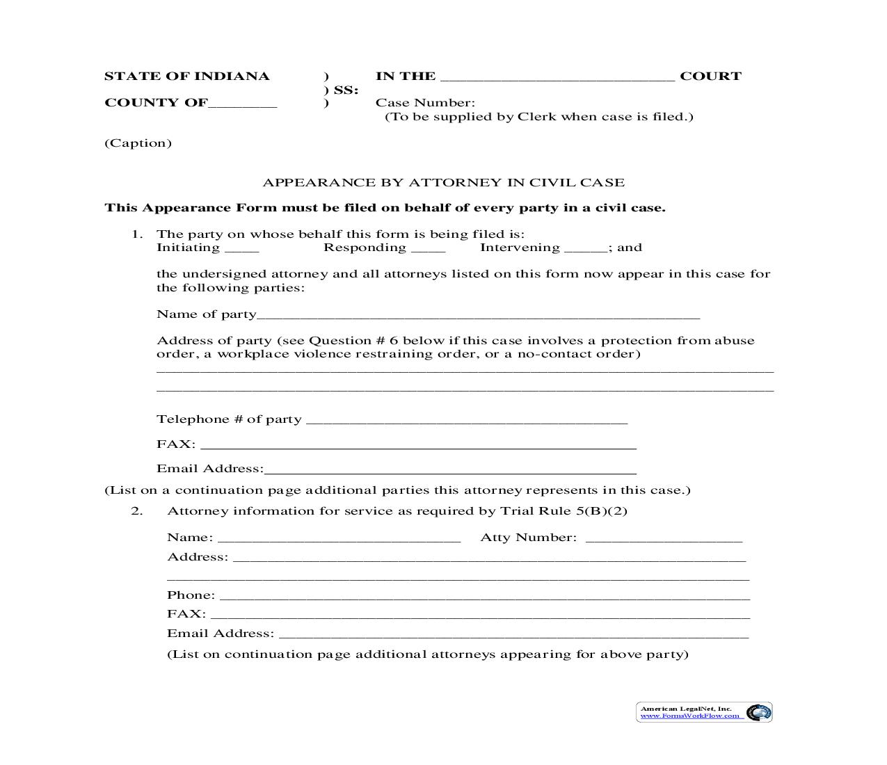 Appearance By Attorney In Civil Case | Pdf Fpdf Doc Docx | Indiana