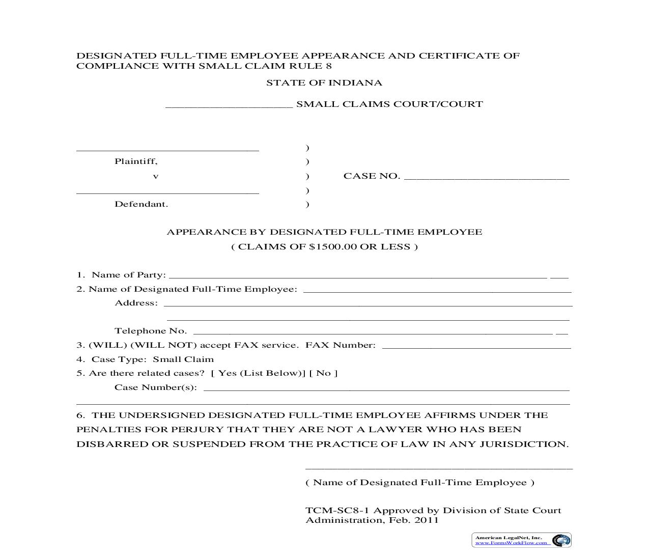 Appearance By Designated Full-Time Employee (Claims Of $1500.00 Or Less) | Pdf Fpdf Doc Docx | Indiana