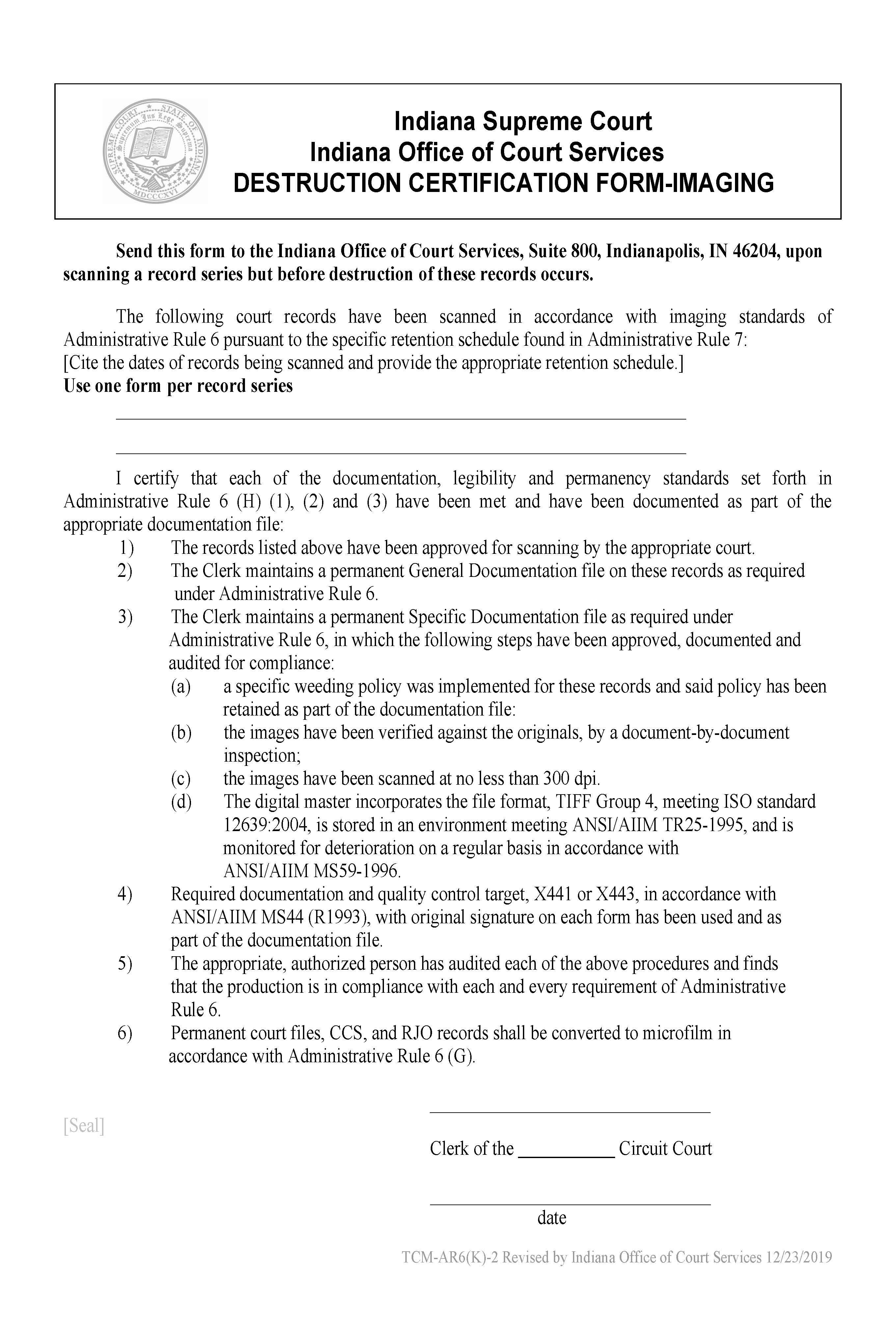 Destruction Certification Form Imaging | Pdf Fpdf Doc Docx | Indiana