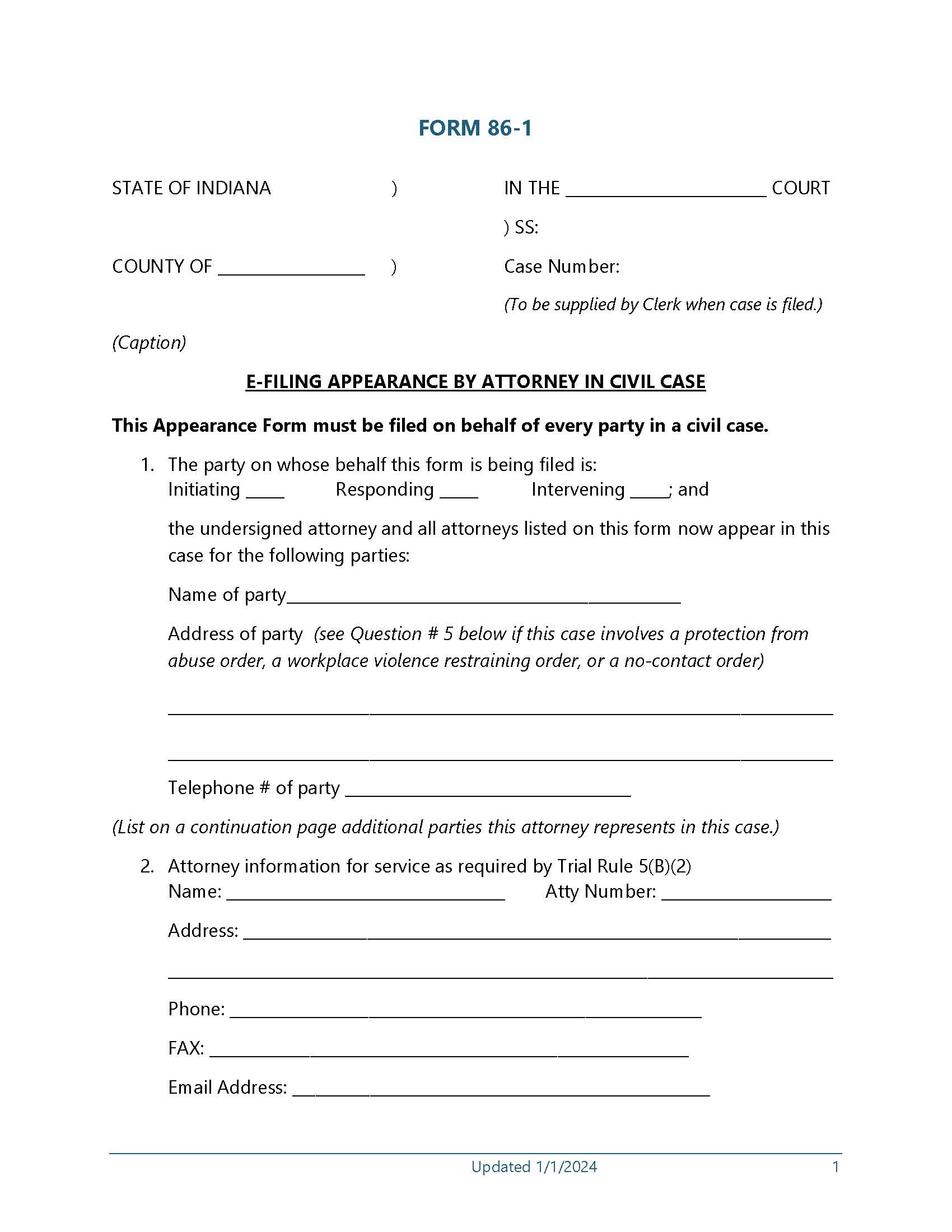 E-filing Appearance By Attorney In Civil Case {86-1} | Pdf Fpdf Docx | Indiana
