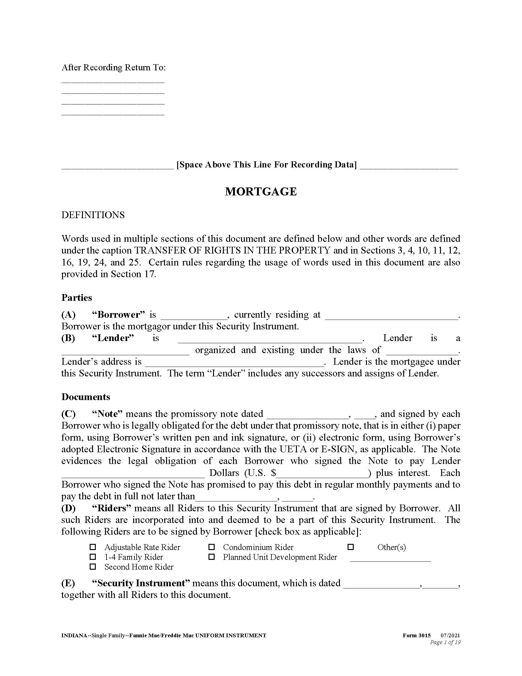 Mortgage (Standard Form Single Family Fannie Mae Freddie Mac) {3015}) | Pdf Fpdf Docx | Indiana