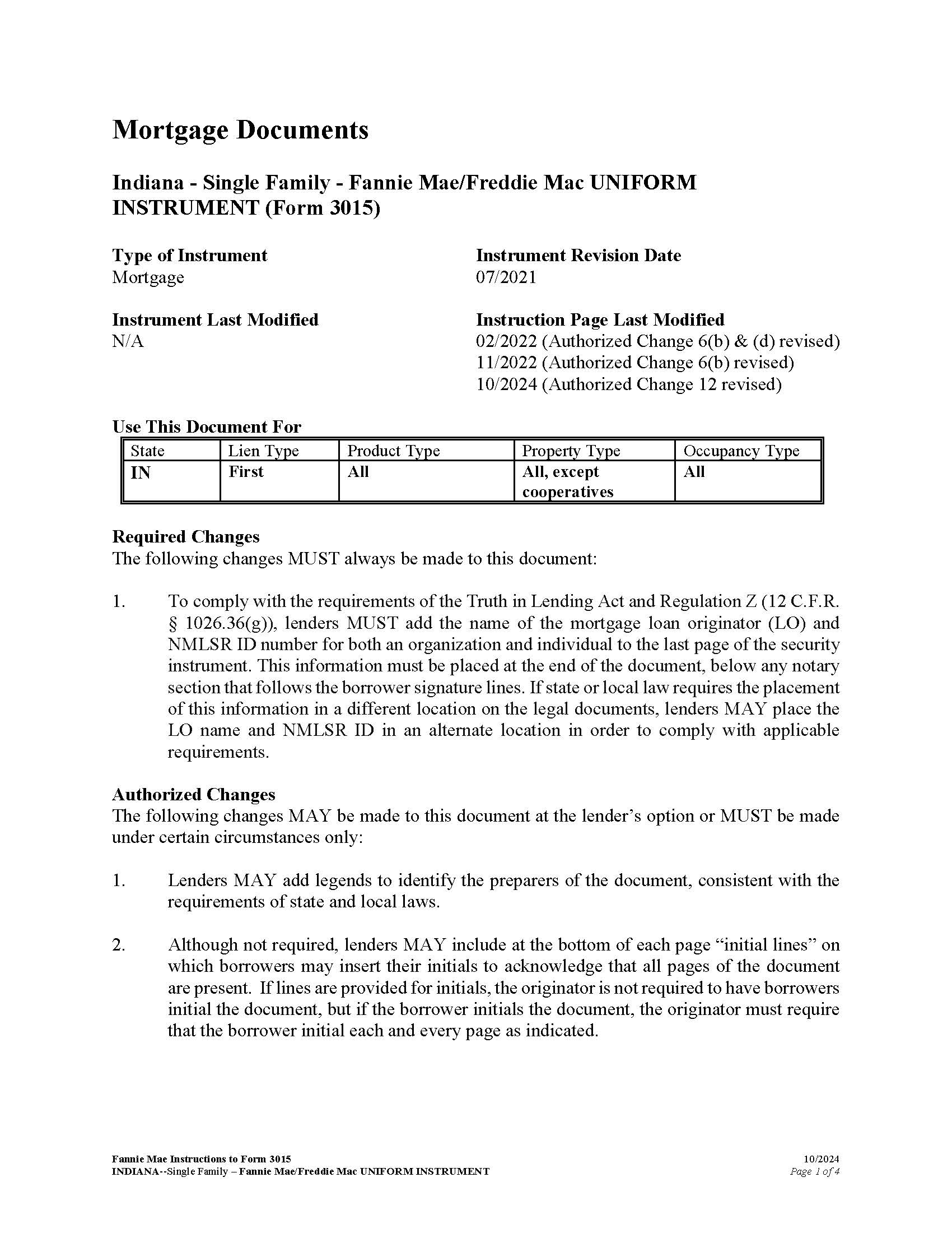 Mortgage Instructions (Form 3015 Mandatory And Optional Additions) | Pdf Fpdf Docx | Indiana