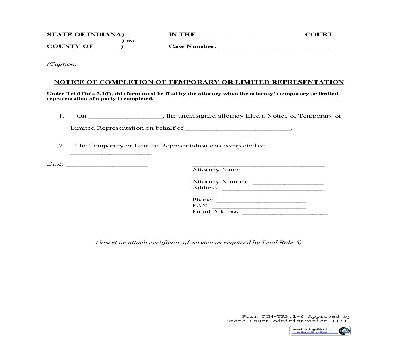 Notice Of Completeion Of Temporary Or Limited Representation {TCM-TR3.1-6} | Pdf Fpdf Doc Docx | Indiana