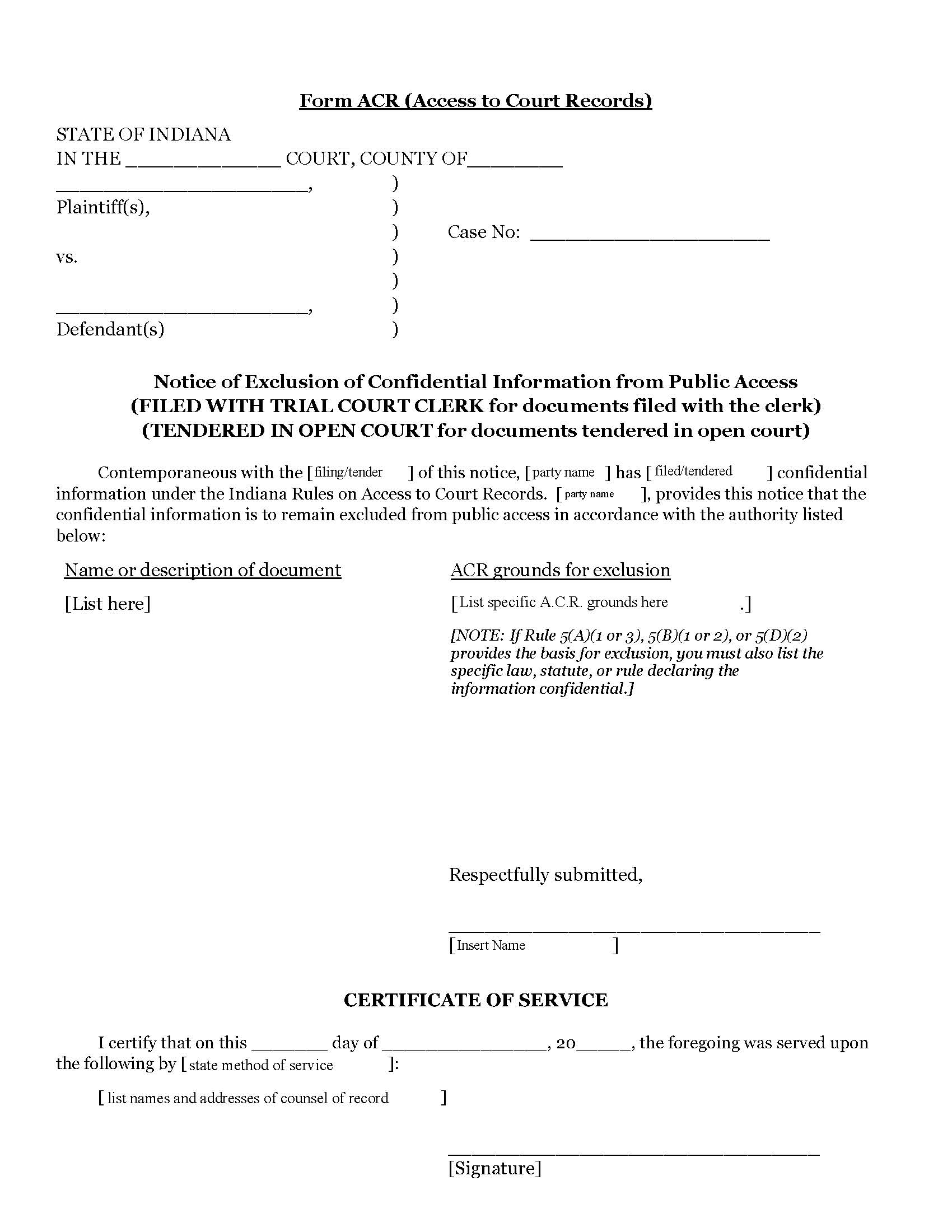 Notice Of Exclusion Of Confidential Information From Public Access {Form ACR} | Pdf Fpdf Doc Docx | Indiana
