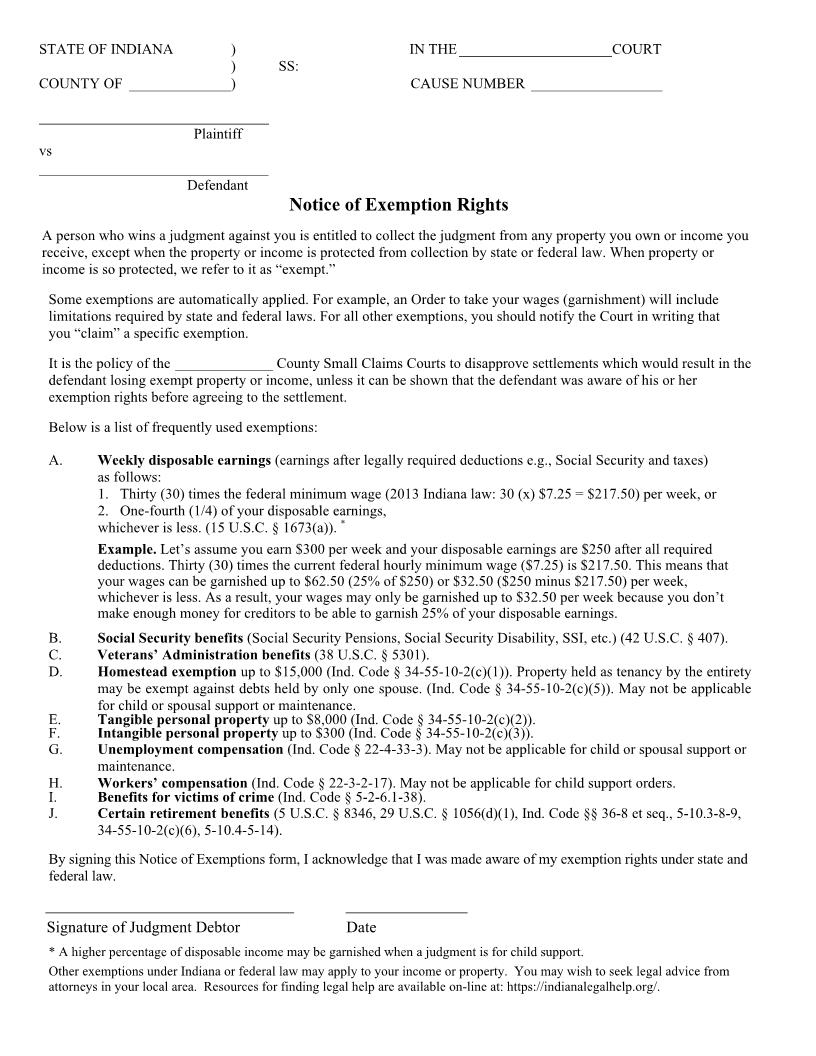 Notice Of Exemption Rights | Pdf Fpdf Doc Docx | Indiana