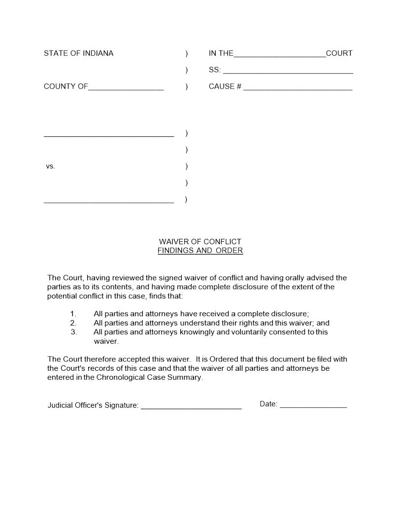 Waiver Of (Judicial) Conflict Findings And Order | Pdf Fpdf Docx | Indiana