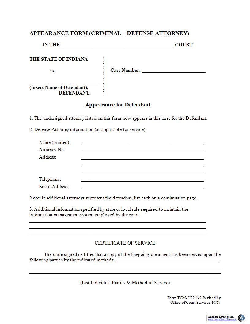 Appearance Form (Criminal Defense Attorney) | Pdf Fpdf Docx | Indiana
