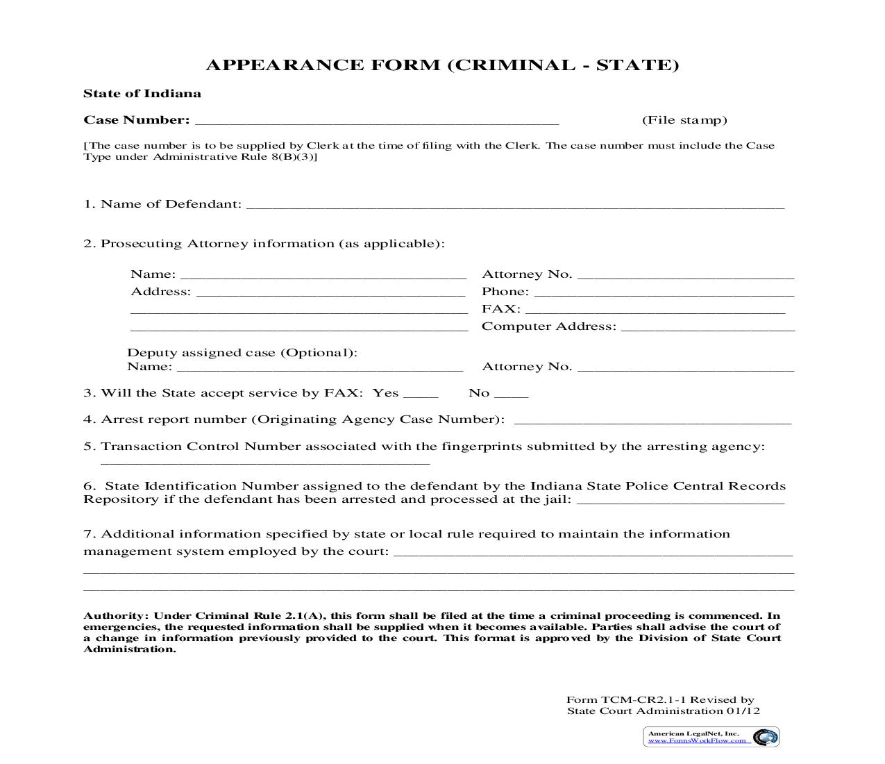 Appearance Form (Criminal) State Of Indiana | Pdf Fpdf Doc Docx | Indiana